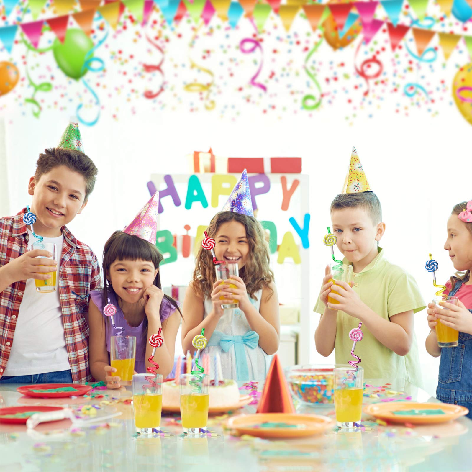Colorful Reusable Plastic Drinking Straws for Kids - 24 Pack with 2 Cleaning Brushes | Candy Lollipop Theme Birthday Party Supplies, Baby Shower, Pool Party & Summer Celebrations