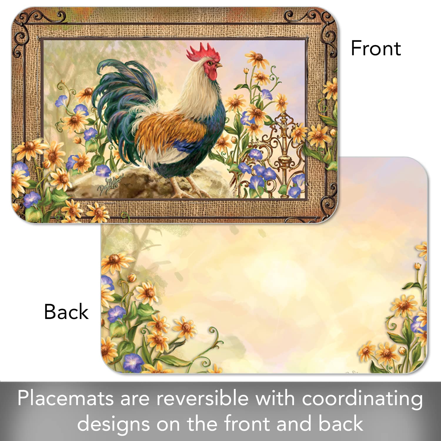 Counterart Country Charm Rooster 4-Pack Reversible Plastic Placemats | BPA-Free, PVC-Free, Easy-Clean | Made in USA | Perfect for Farmhouse Kitchens, Dining Tables & Outdoor Entertaining