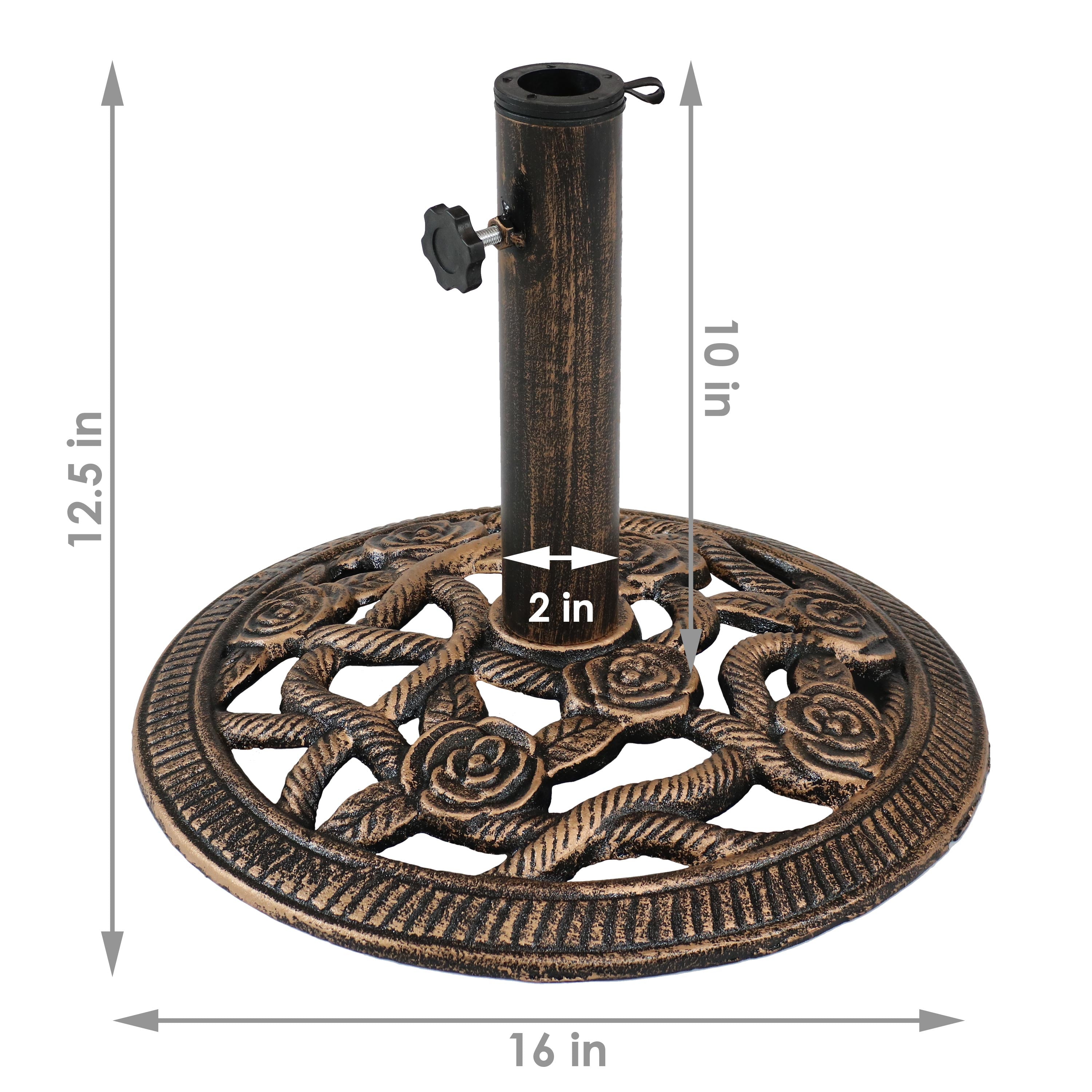 Sunnydaze Rose Blossom Cast Iron Patio Umbrella Base - 16 Inch Diameter, Heavy Duty Outdoor Umbrella Stand for Garden, Deck, Poolside & Backyard Use