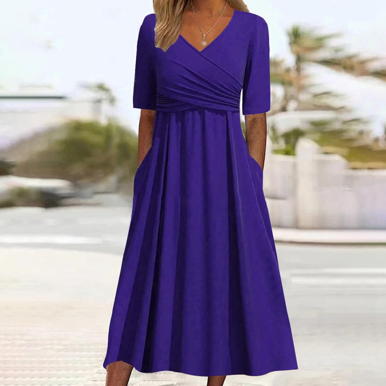 Aniywn Women's Summer Dresses with Pockets 2024 - Crewneck Short Sleeve Flowy Maxi Dress, Loose Beach Cover Up & Casual Sundress - Perfect for Vacations, Outdoor Parties and Summer Travel