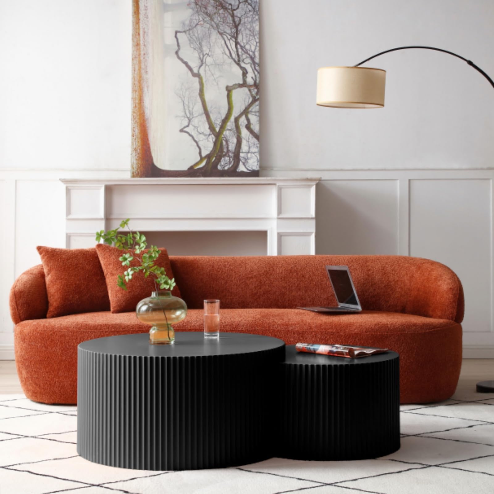 Modern Round Wooden Coffee Table Set of 2 - Nesting Accent End & Side Tables for Living Room, Matte Black | Space-Saving Furniture for Small Apartments & Cozy Home Decor