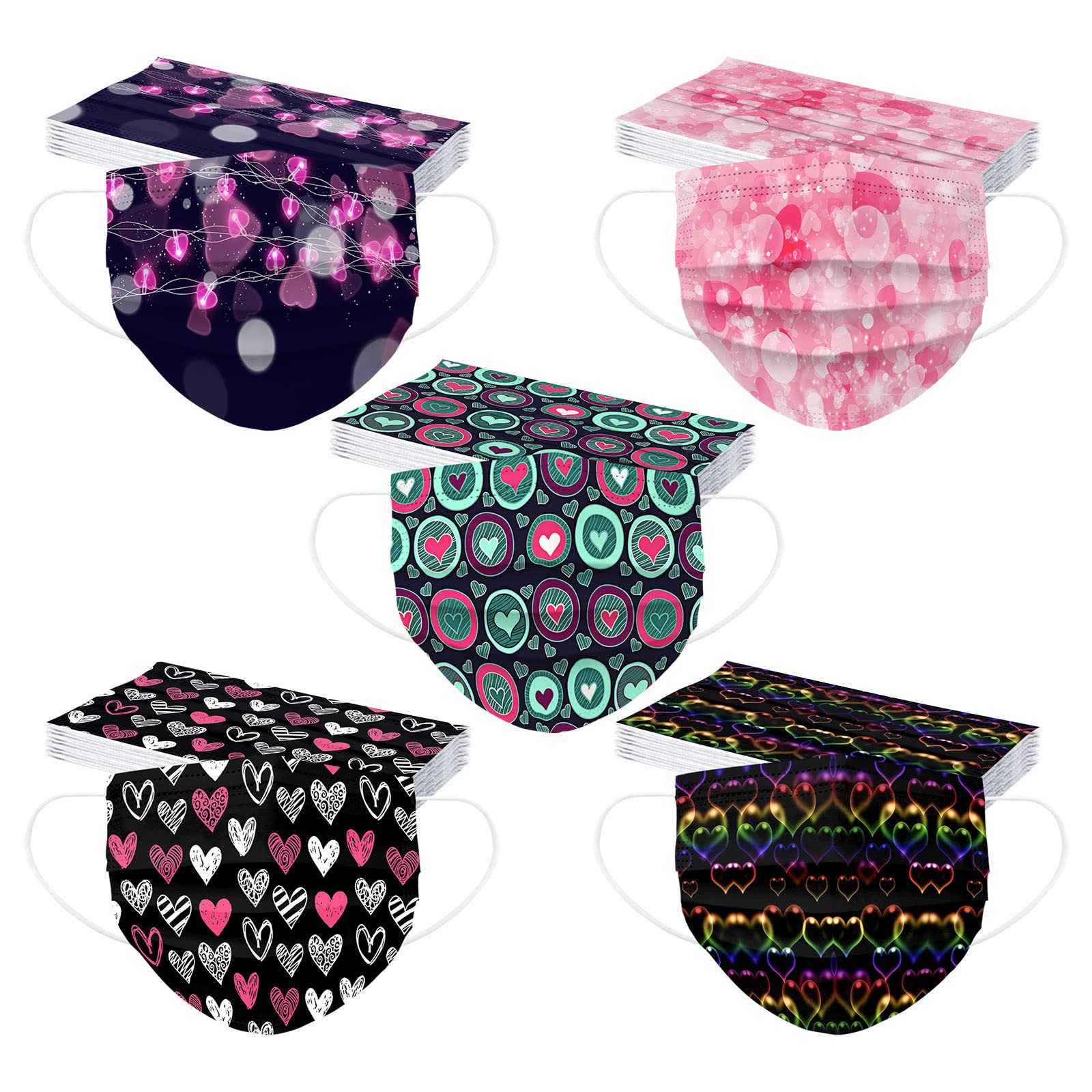 Valentine's Day Disposable Face Masks 50Pcs - Cute Heart Design Colored Face Cover for Adults | Holiday Party, Date Night & Romantic Gift Idea