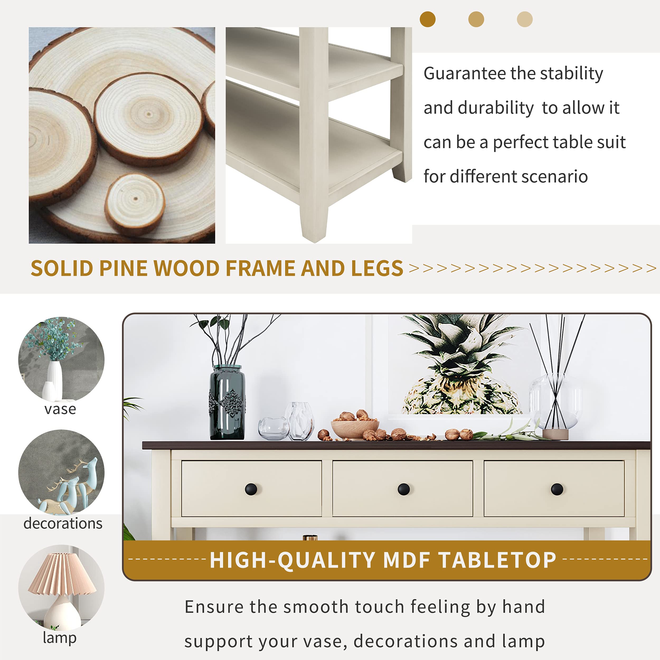 50 Inch Rustic Console Table with 3 Drawers & 2-Tier Open Shelf - Entryway Sofa Table for Living Room, Hallway - Beige Wooden Storage Solution for Home Decor