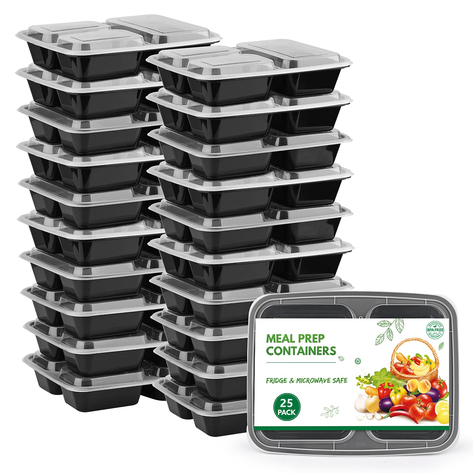 DMH [25 Pack] BPA-Free Meal Prep Containers with Lids - 33oz 3-Compartment Reusable Plastic Food Storage Containers, Microwave & Freezer Safe for Lunch, Snacks, Leftovers - Perfect for Meal Prepping, Office Lunch & Food Storage