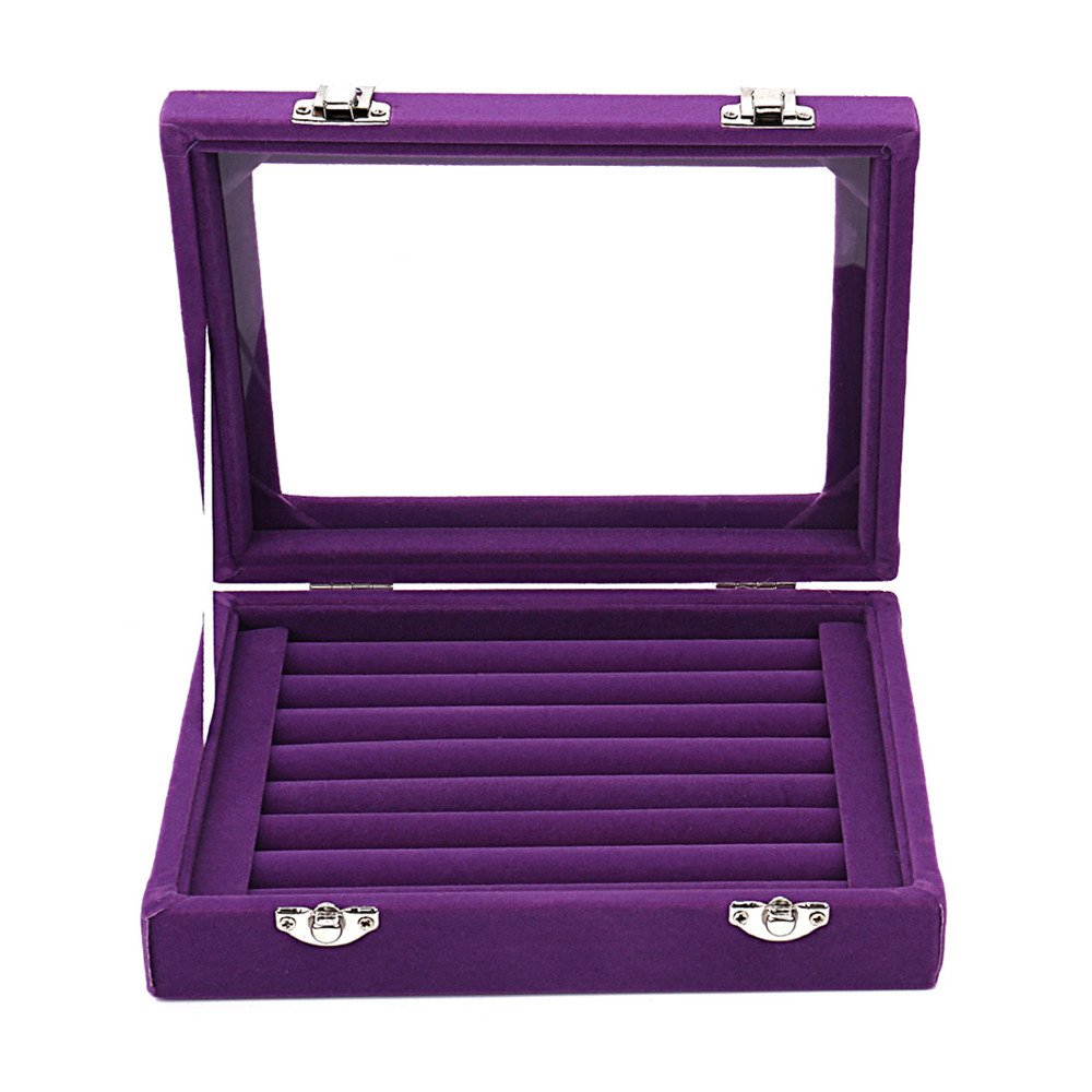 Velvet Jewelry Box with Glass Top - Ring Earrings Display & Storage Case with 2 Clasps - Perfect for Jewelry Organizer, Gift Box & Travel Accessories
