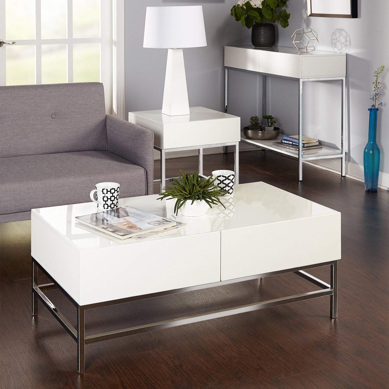 Modern White High-Gloss Metal End Table with Square MDF Drawers - Contemporary Nightstand for Living Room, Bedroom & Office Storage Solution
