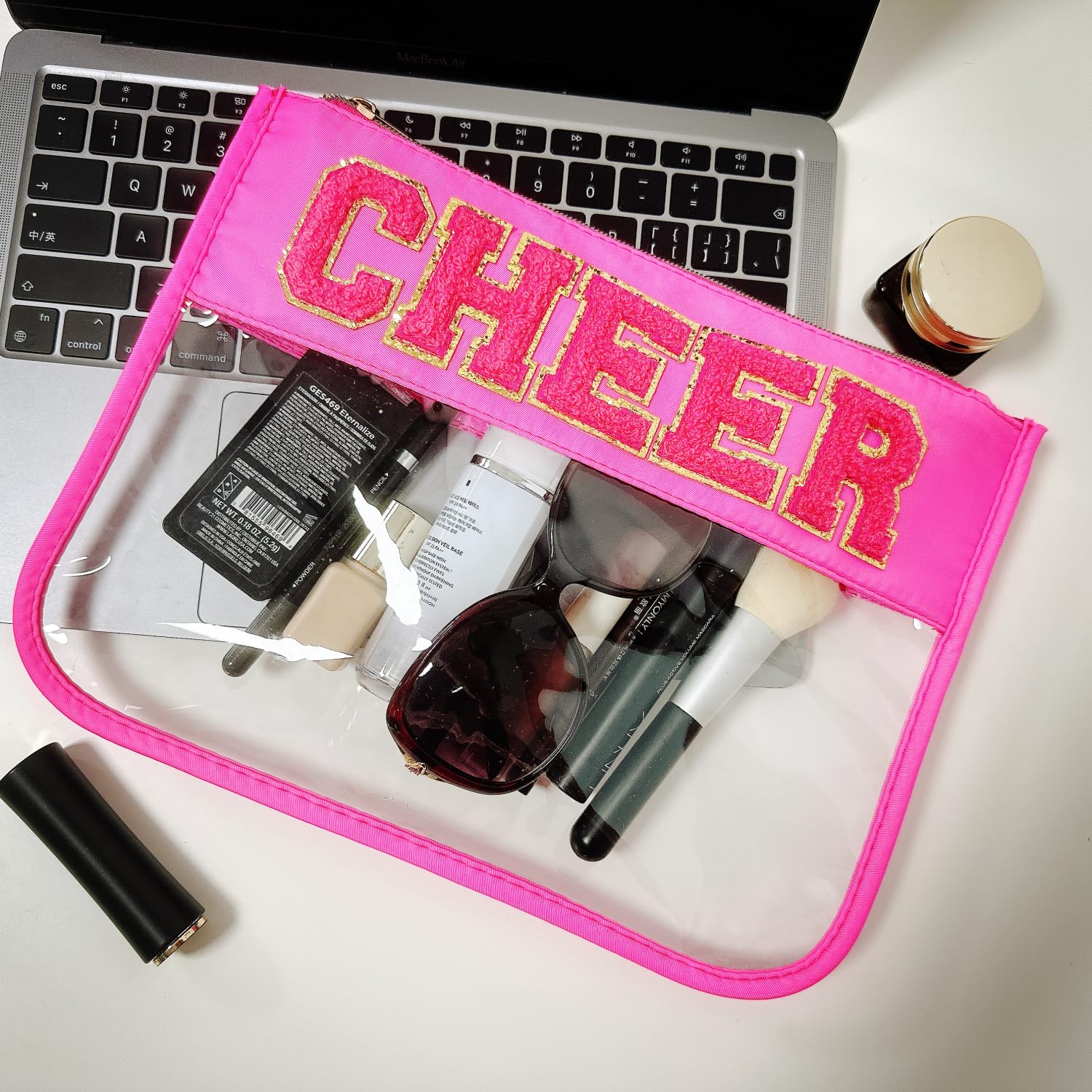 Hot Pink Cheerleader Makeup Bag with Chenille Letter Patch - Clear Cosmetic & Toiletry Zipper Pouch for Women & Girls - Perfect for Cheerleading Competitions, Gym Essentials & Travel Organizer