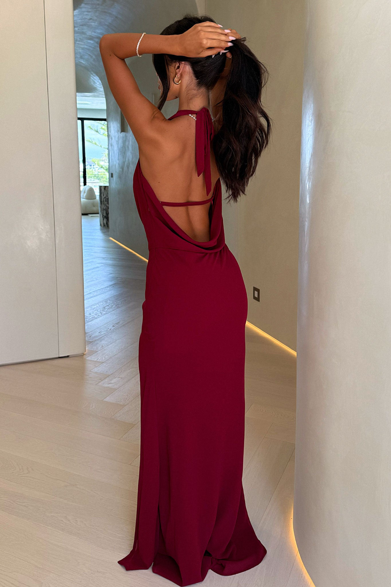 Amedeo Plunge Halter Neck Maxi Dress - Burgundy Red Long Formal Gown for Women | Perfect for Evening Parties, Weddings & Special Occasions