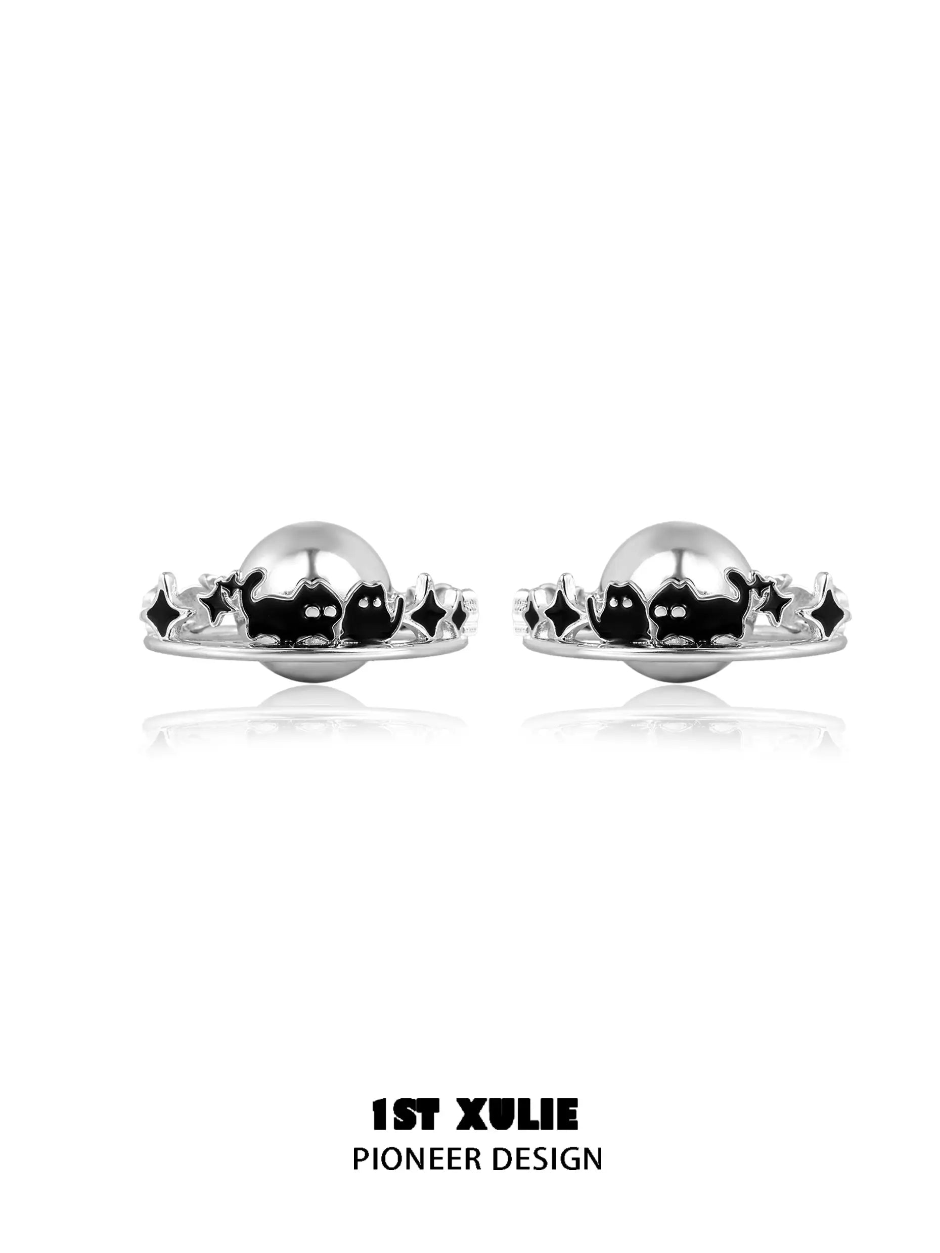 Ghosts Black Cat S925 Sterling Silver 18K Black Gold Plated Planets Earrings™ - Perfect for Halloween, Cosplay & Gothic Jewelry Lovers