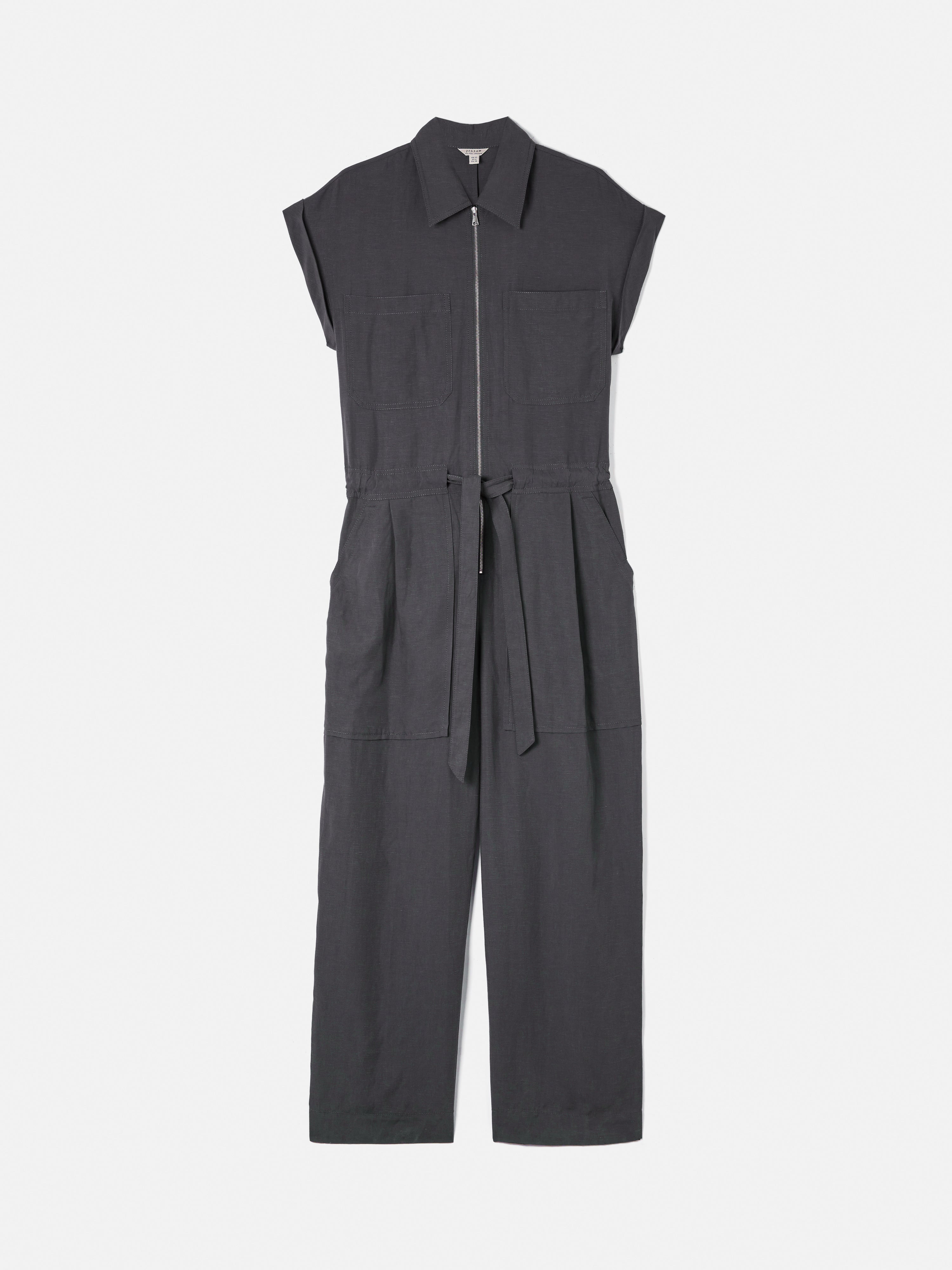 Linen Zip Front Jumpsuit for Women - Dark Grey Casual Romper | Perfect for Summer Outfits, Beach Vacations & Boho Style