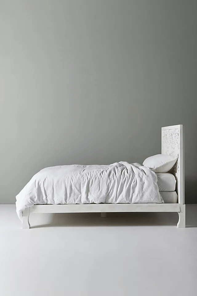Hand Carved White Low Lombok Bed - Solid Indian Wooden Bed Frame for Master Bedroom & Guest Room - Perfect for Modern, Boho & Farmhouse Home Decor