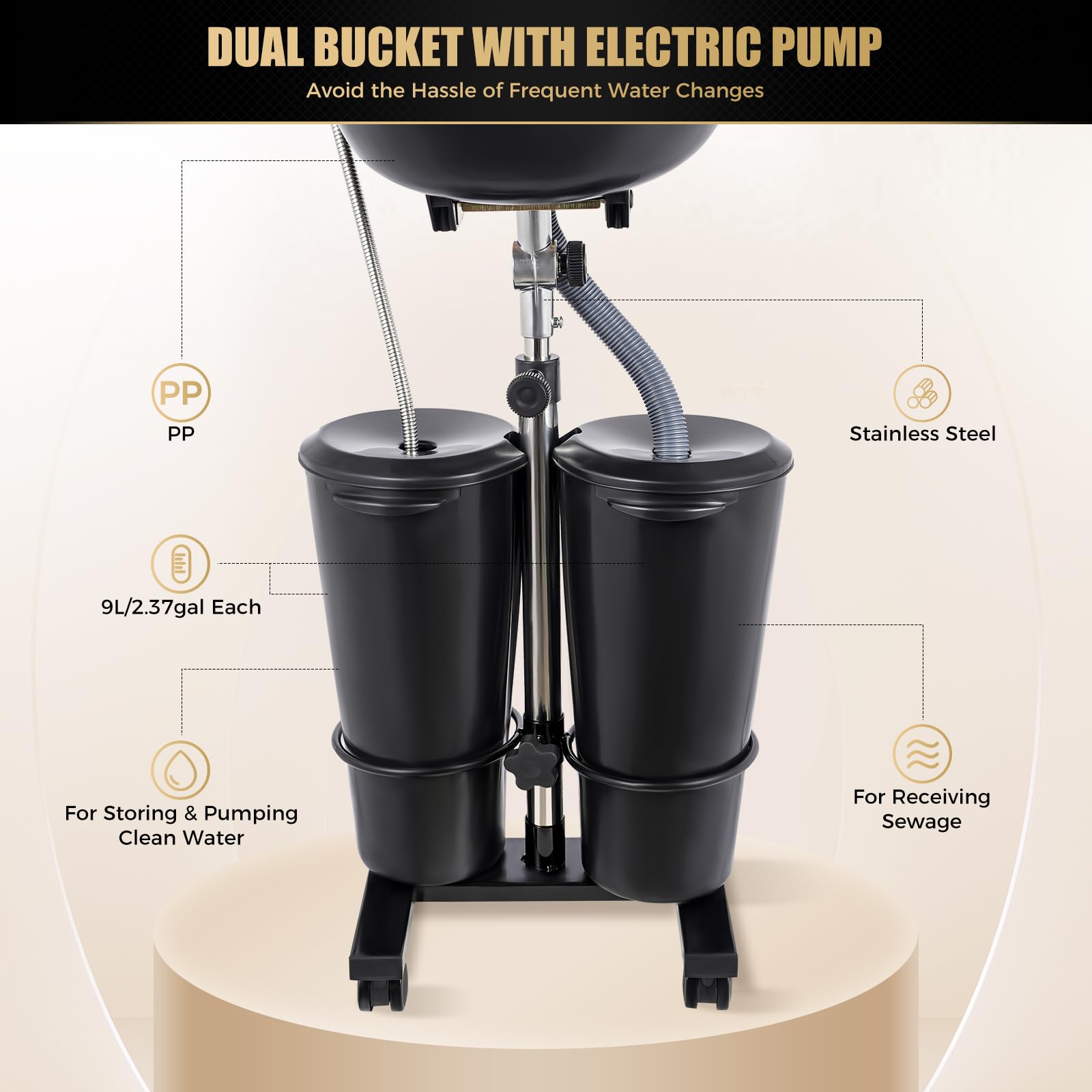 Adjustable Portable Shampoo Basin with 2 Buckets - Rolling Salon Hair Washing Station for Barber Stylist & Beauty Spa - Black | Perfect for Mobile Hair Services & Home Salon Use