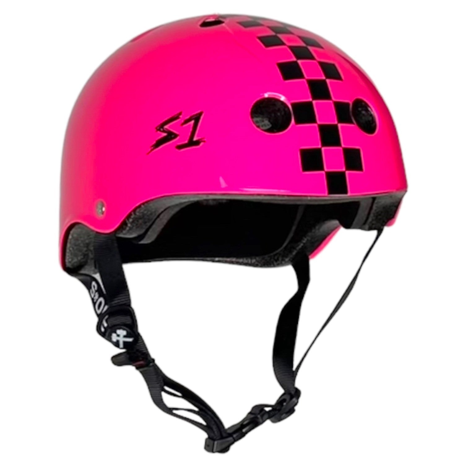S1 Lifer Helmet - Pink Gloss & Black Checkers Design - Motorcycle, Skateboard & BMX Bike Riding Safety Gear for Men & Women