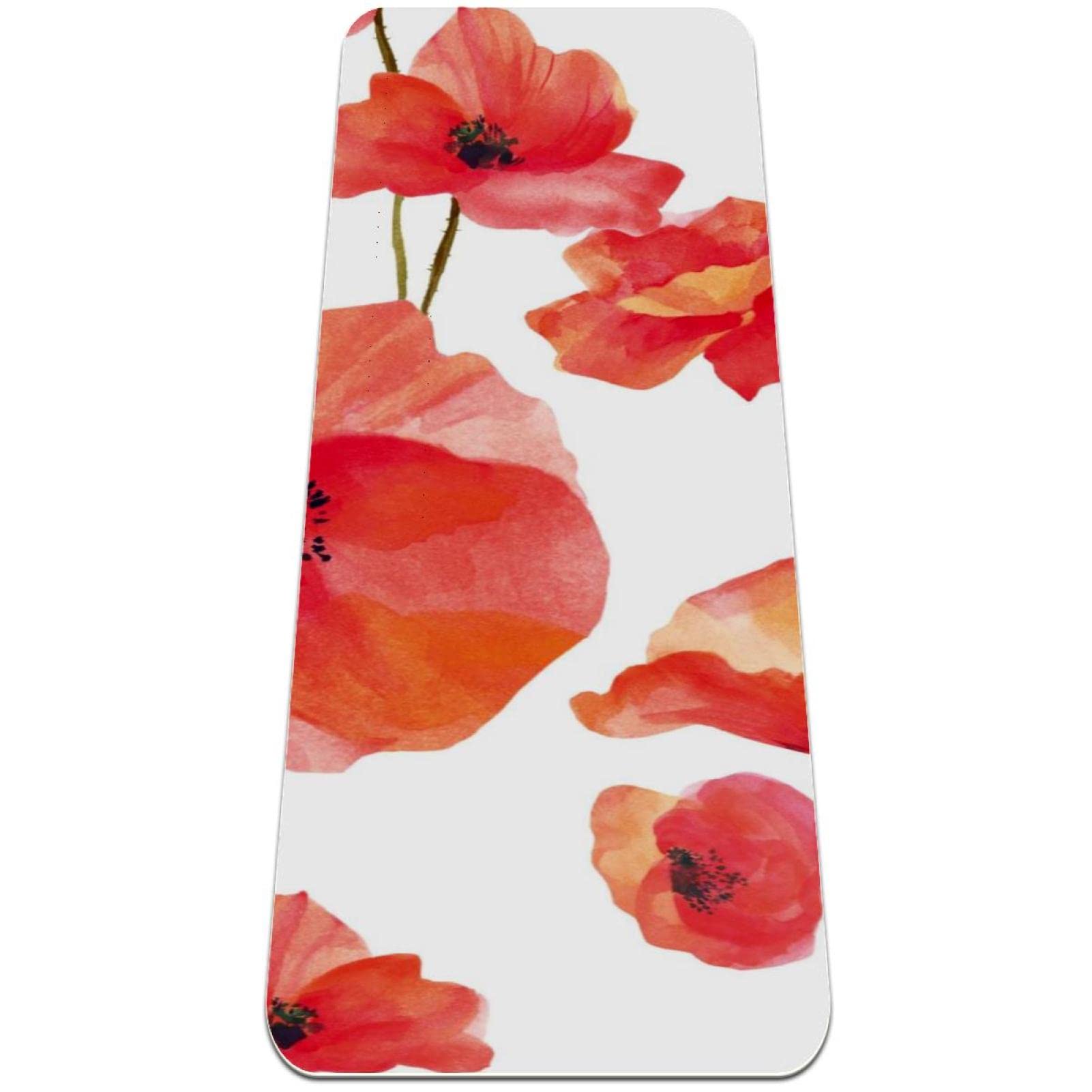 Premium Non-Slip Thick Yoga Mat for Women - Extra Cushioning Workout & Exercise Mat with Watercolor Poppy Flower Design - Perfect for Home Gym, Pilates, Hot Yoga and Fitness Training