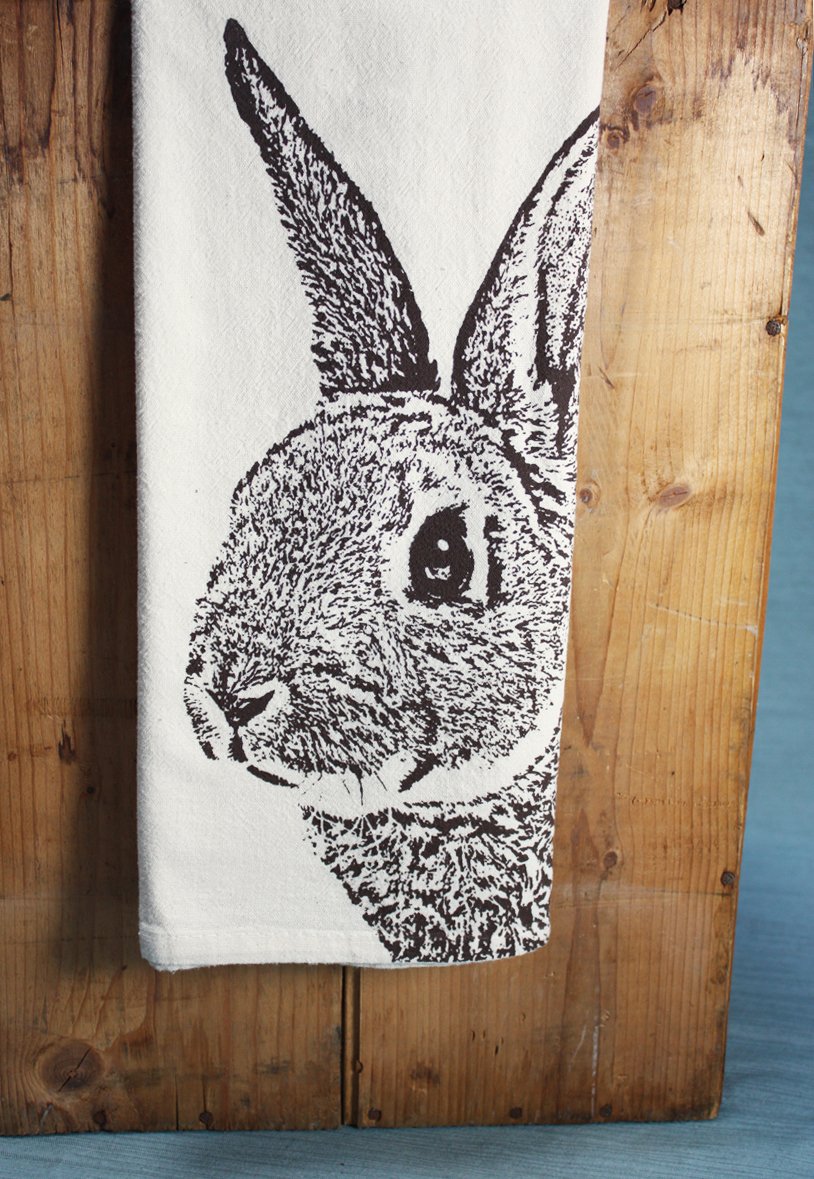 Hand-Printed Brown Bunny Rabbit Tea Towel - 100% Cotton Flour Sack Kitchen Towel for Baking, Dish Drying & Farmhouse Decor