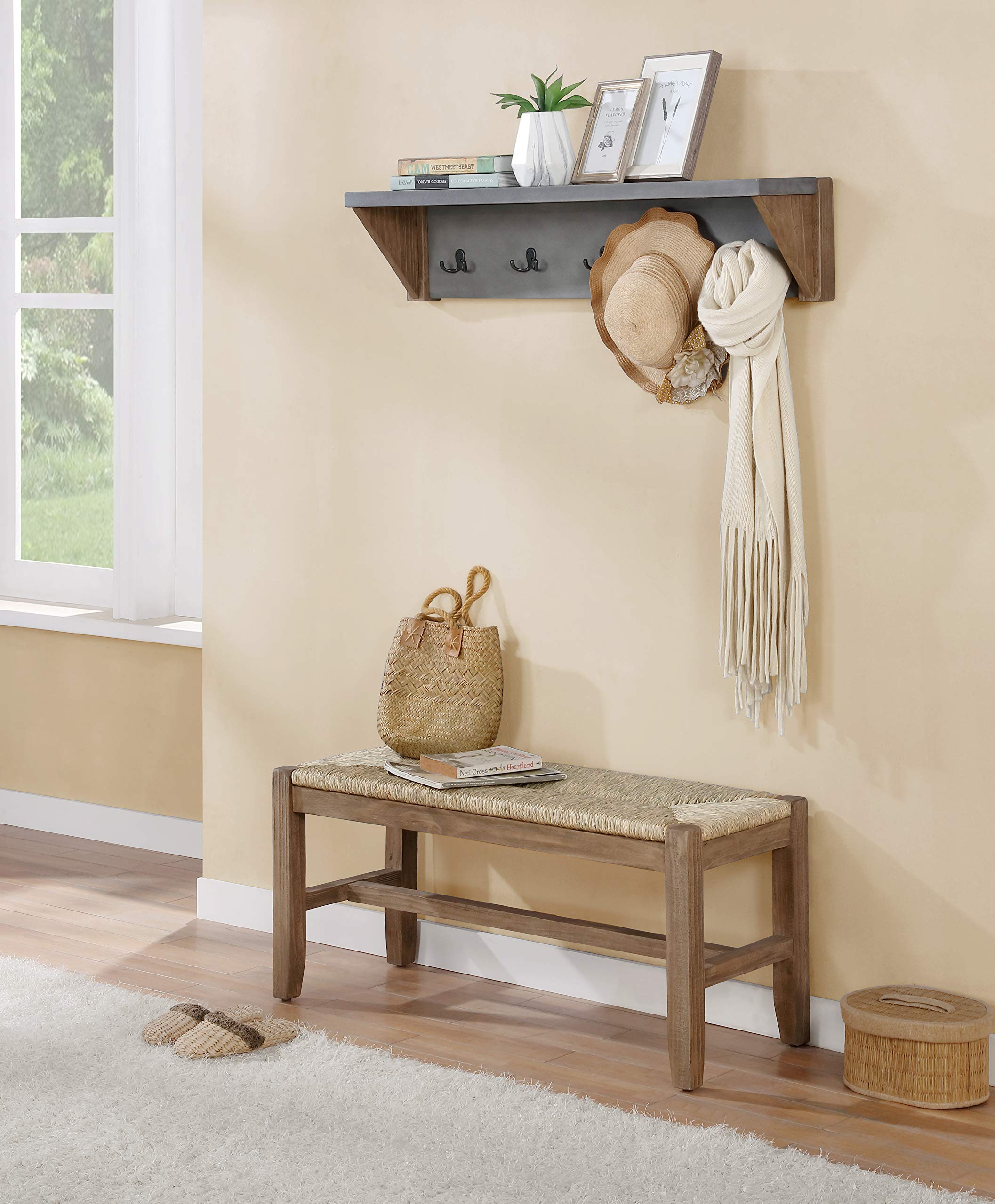 Newport 40-Inch Entryway Coat Rack with Shelf and Bench Set - Light Amber Wood & Faux Concrete Finish - 5 Black Double Hooks - Hallway Organizer for Coats, Hats & Bags - Perfect for Mudroom, Foyer or Bedroom Decor (Coat Hook: 40