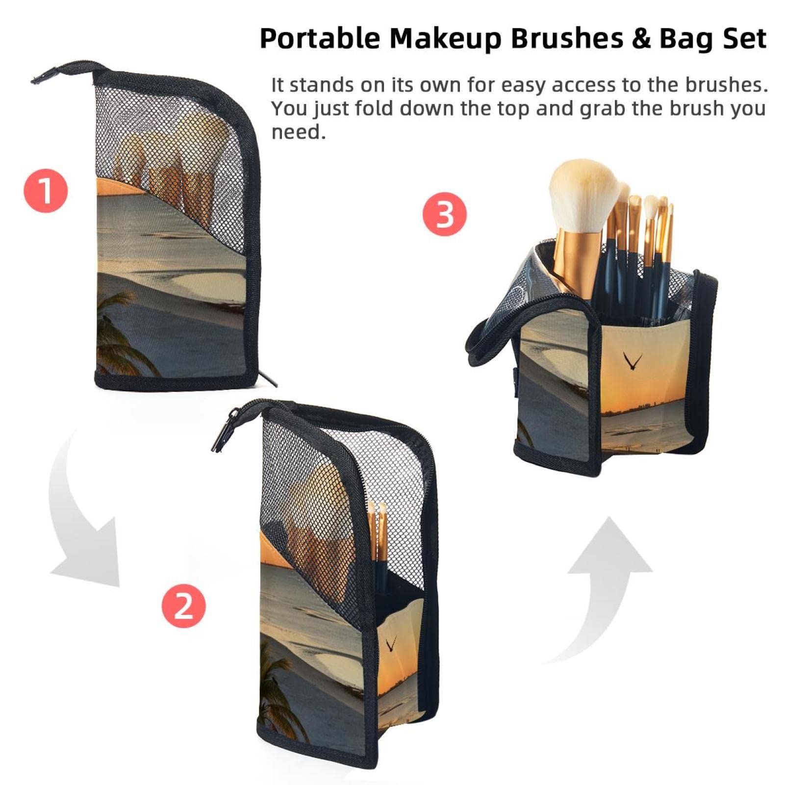 Premium 12-Piece Makeup Brush Organizer Bag with Beach Sunset Design - Portable Cosmetic Brush Holder Case for Travel, Home & Professional Makeup Artists