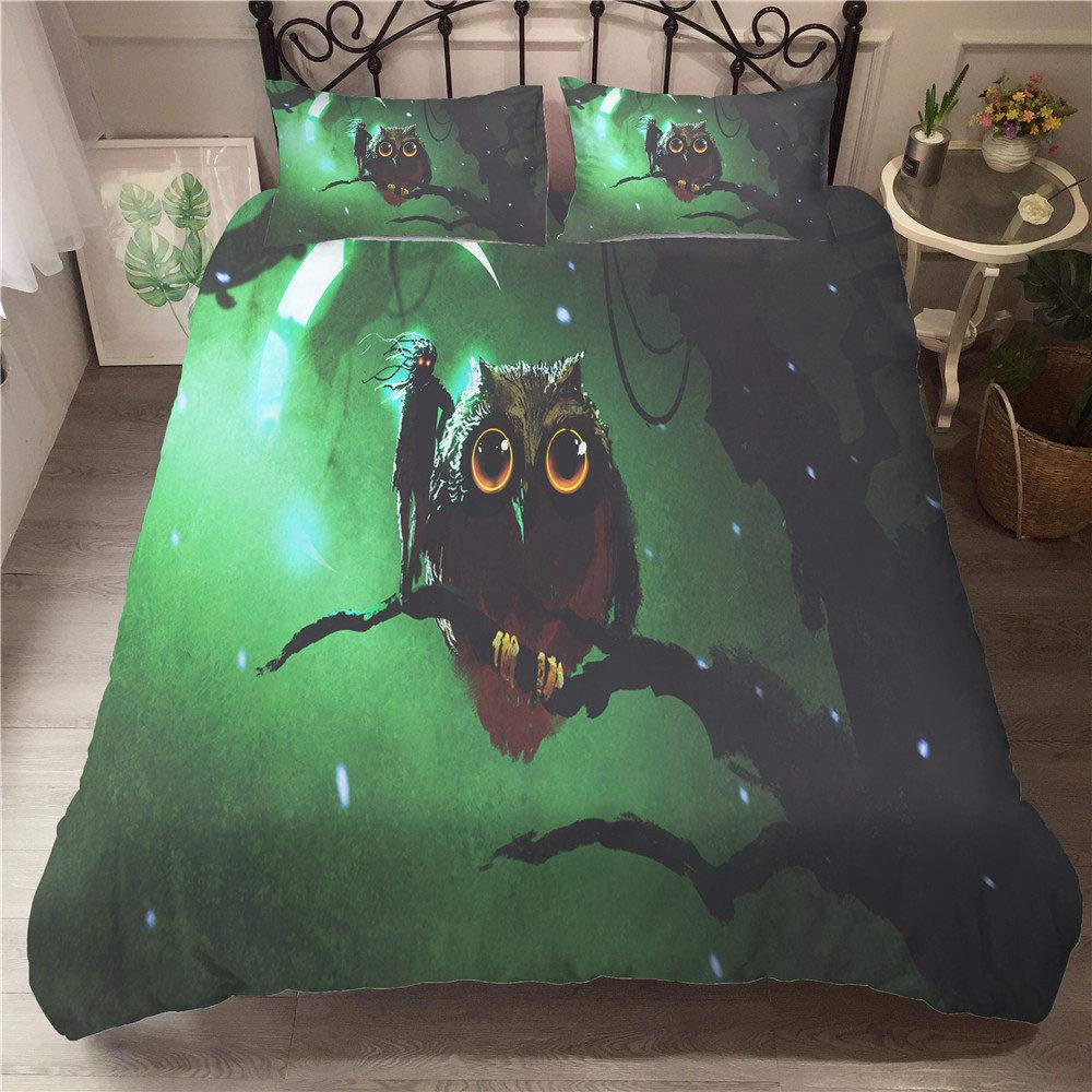 3D Printed Owl Tree Branch Green-Yellow Animal Pattern Queen Size Polyester Bedding Set - Twin 173x218cm, Soft & Comfortable Duvet Cover for Bedroom Decor, Perfect for Kids Room, Guest Room or Dormitory