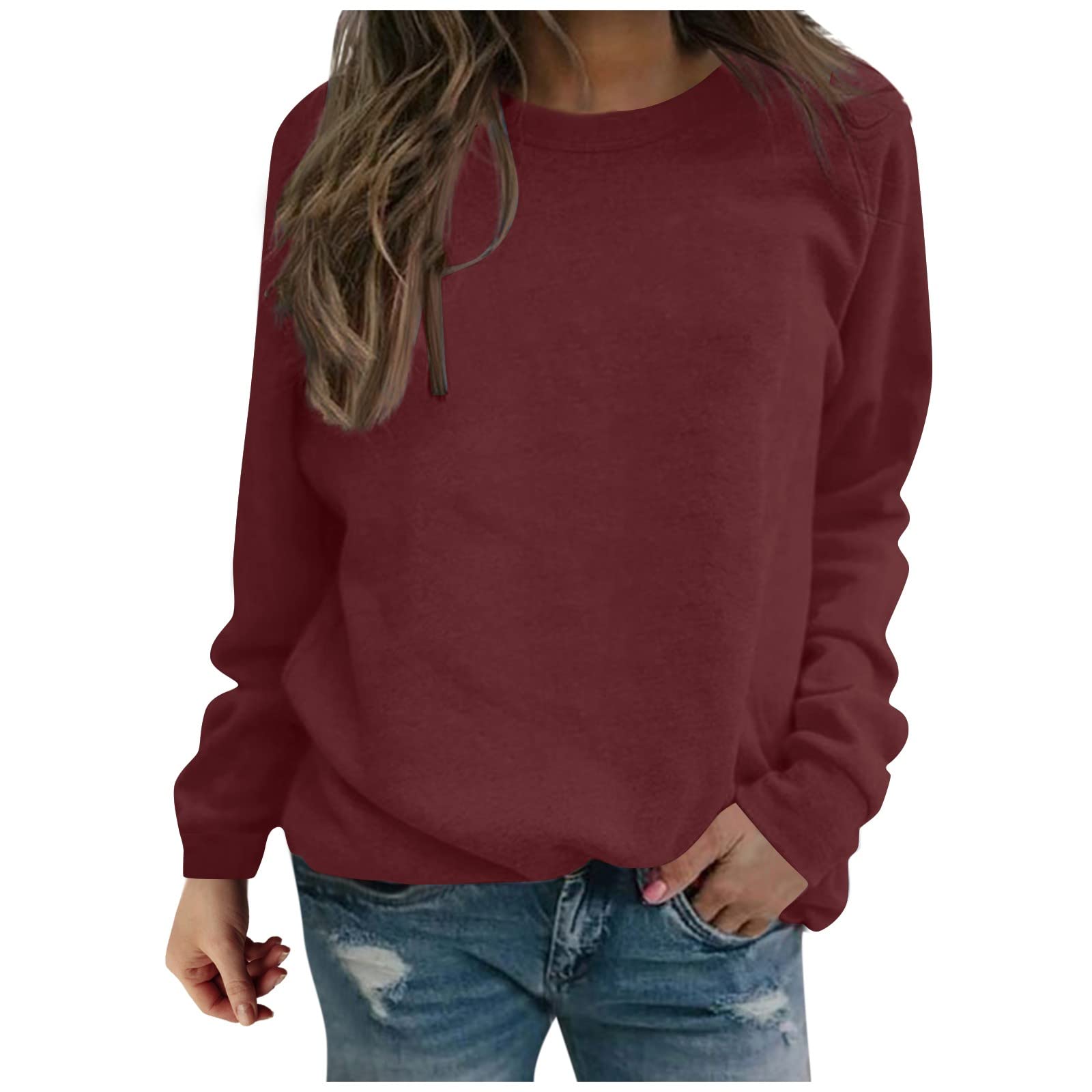 Women's Casual Long Sleeve Round Neck Pullover Sweatshirt - Solid Color Loose Tunic Blouse for Everyday Wear, Office & Weekend Outfits
