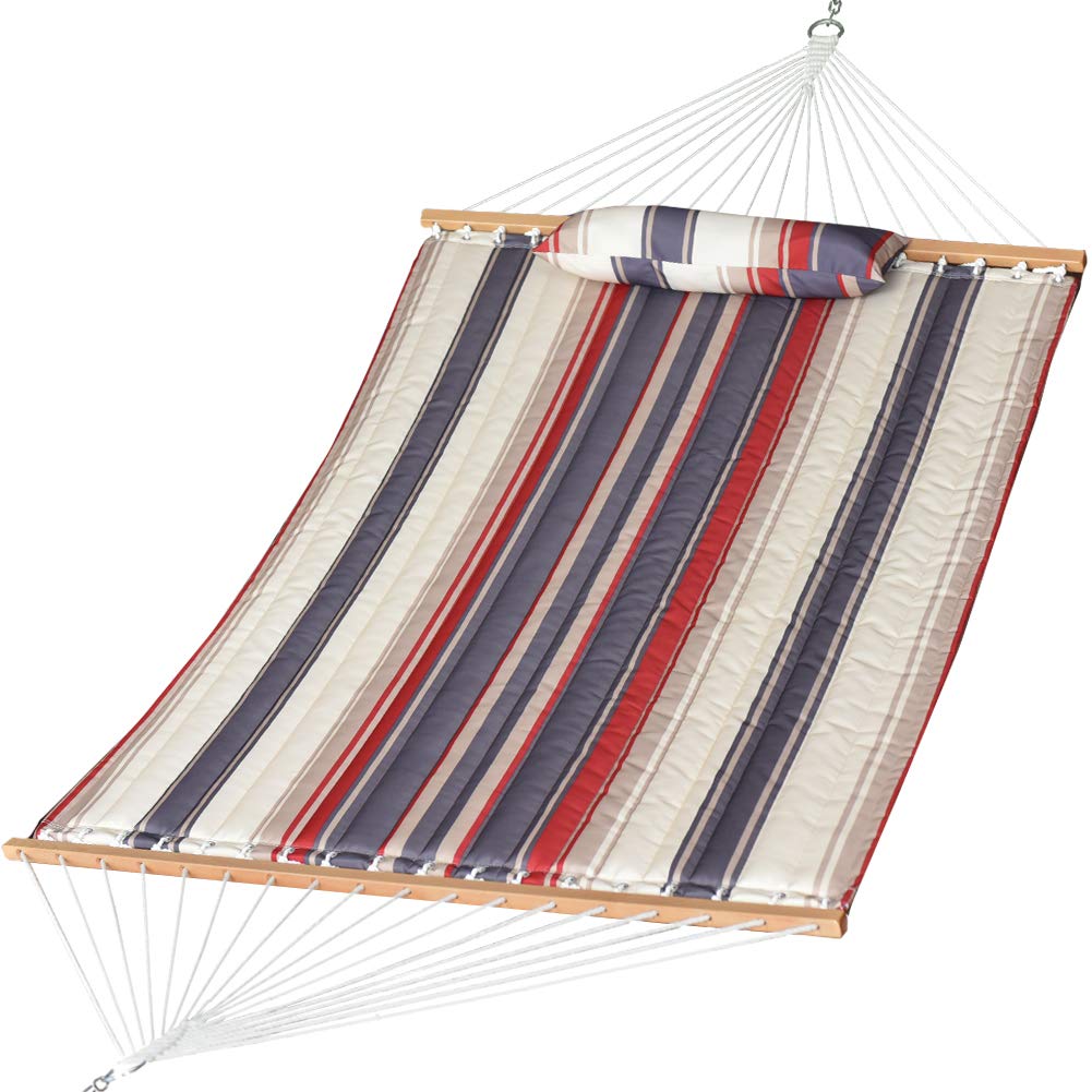 Premium Quilted Fabric Double Hammock with Pillow - Heavy Duty Hardwood Spreader Bar - 450lb Capacity Outdoor Hammock for Adults - Red Navy Stripe - Perfect for Patio, Garden, Pool & Beach Relaxation