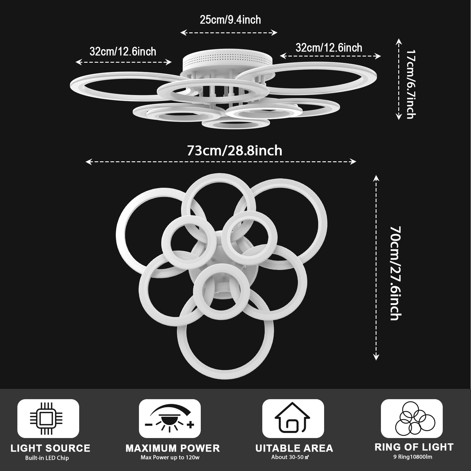 OUQI Modern LED Ceiling Light Fixture - 9-Ring Acrylic Dimmable Chandelier with Remote Control, Flush Mount Lighting for Living Room, Dining Room, Bedroom (White) | Perfect for Home Decor, Interior Lighting & Ambience Setting