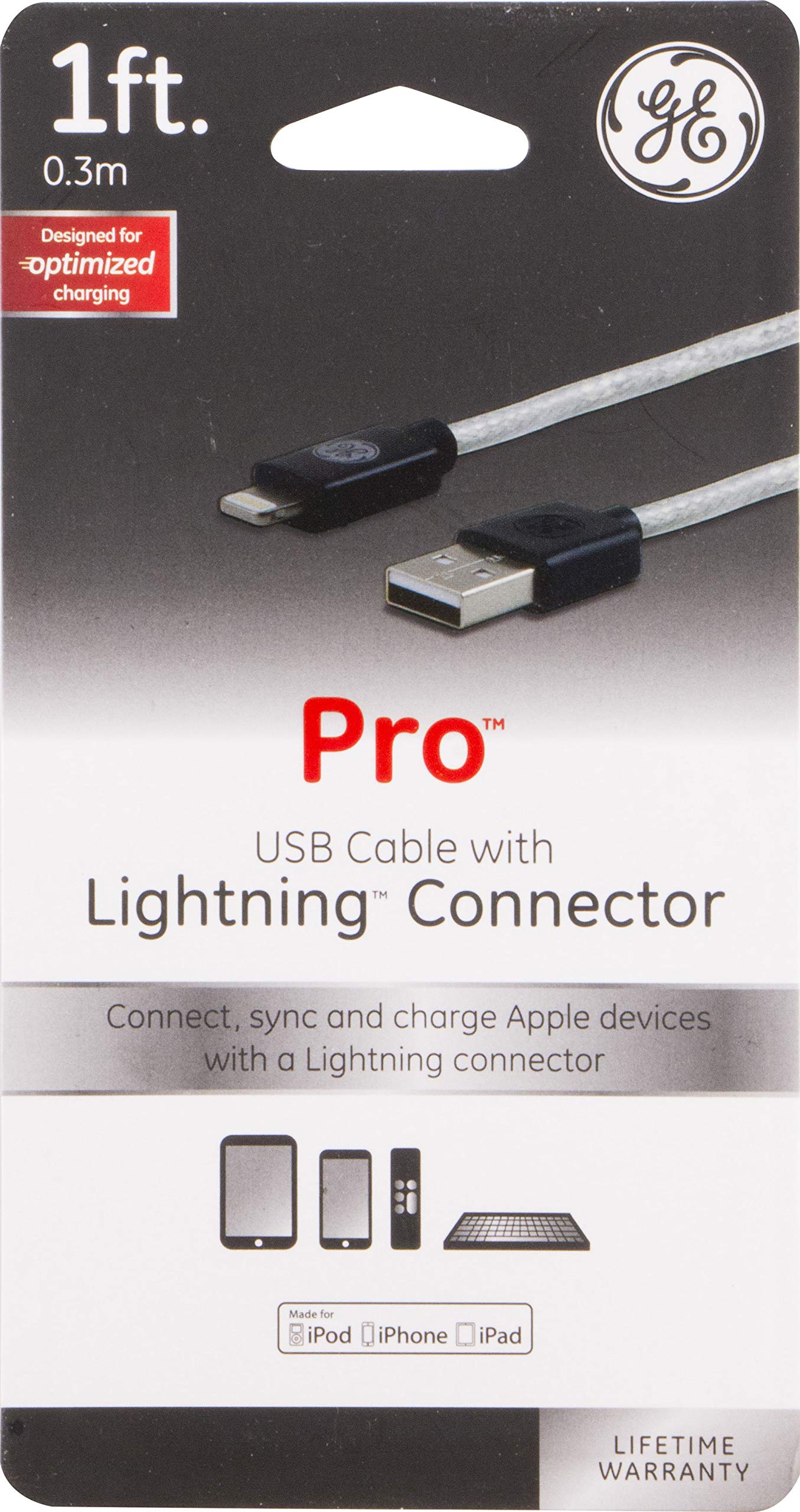 GE Pro 1ft Lightning to USB Charging Cable - MFi Certified for iPhone 12/11/Pro/Max/XS/XR/X/8, iPad, iPad Mini, iPad Air (Model 38292) - Fast Charging & Data Sync for Home, Office & Travel