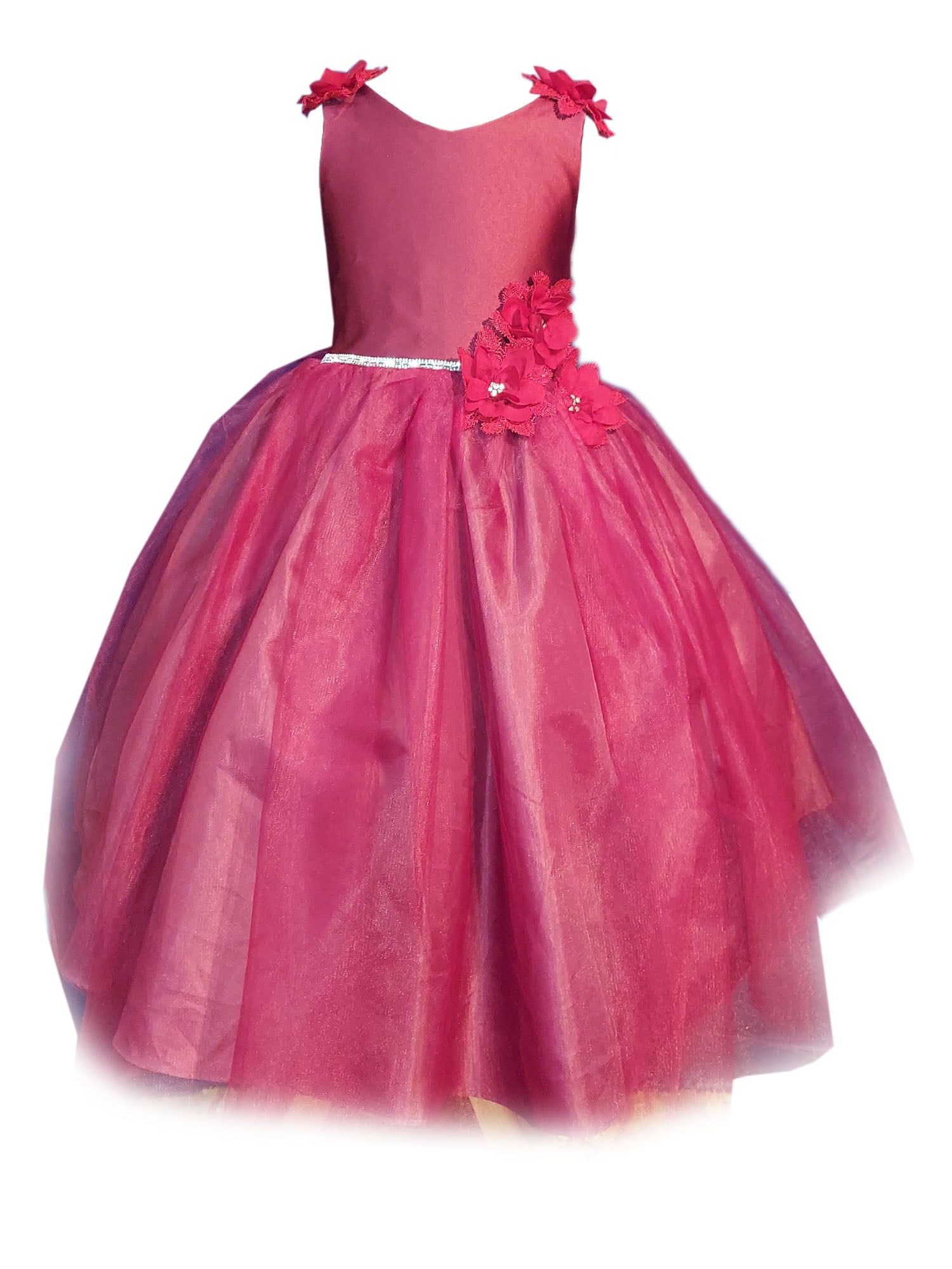 Burgundy Beaded Flower Appliques Tulle Junior Bridesmaid Dress for Big Girls - Sizes 8-16 | Perfect for Weddings, Prom, Pageants & Special Occasions