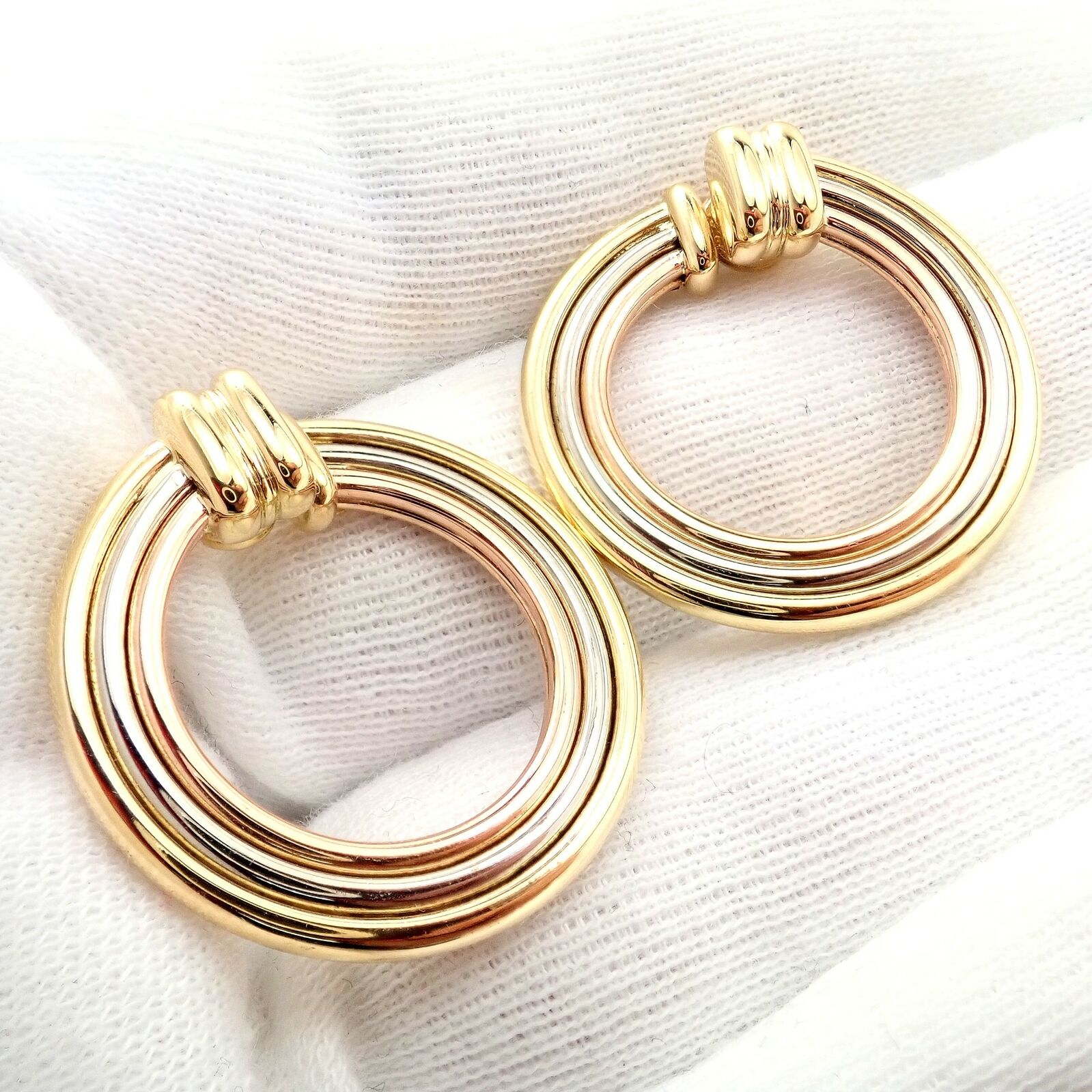 Authentic Cartier 18k Tri-Color Gold Large Trinity Hoop Earrings for Women - Luxury Fashion Jewelry Gift for Anniversary, Birthday & Special Occasions