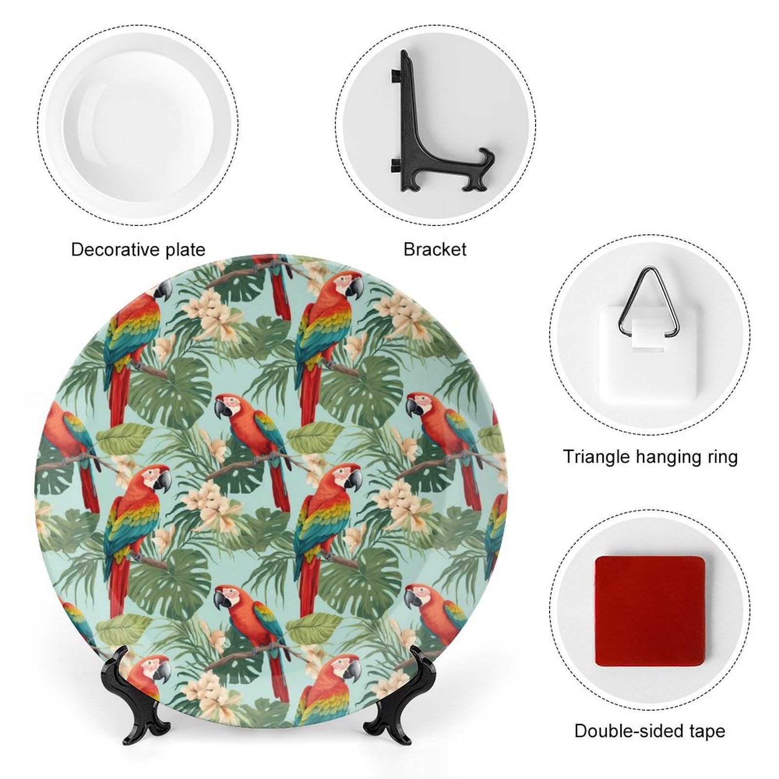 Vibrant Tropical Leaves & Parrot Ceramic Decorative Plates - Elegant Display & Dinner Plates with Stand for Kitchen, Dining Room & Home Decor | Perfect for Wall Art, Table Centerpieces & Gift Giving