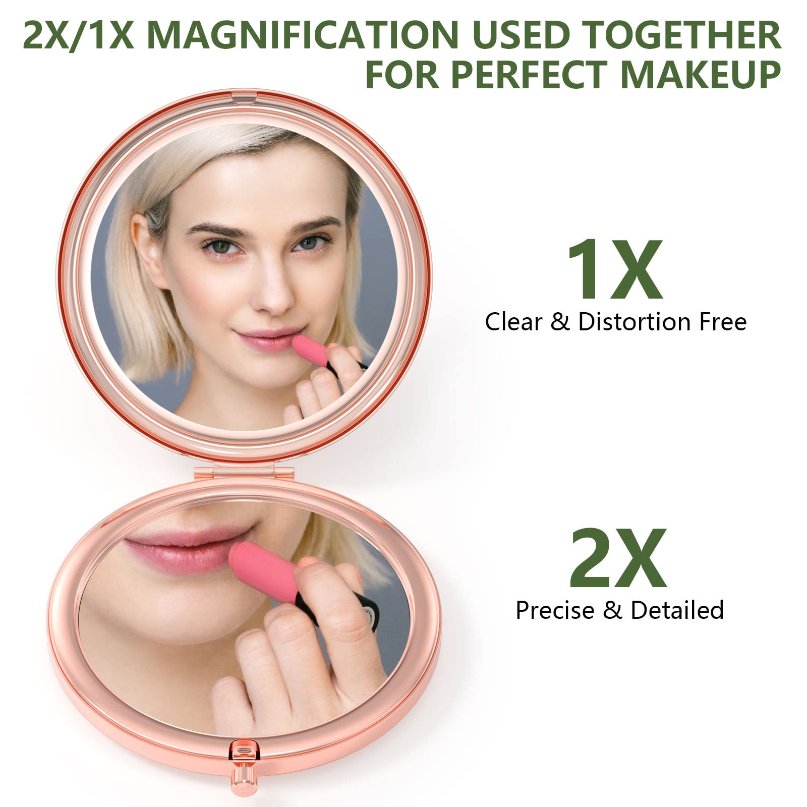 Nipichsha Compact Travel Mirror 2X/1X Magnification - Rose Gold for Makeup On-The-Go