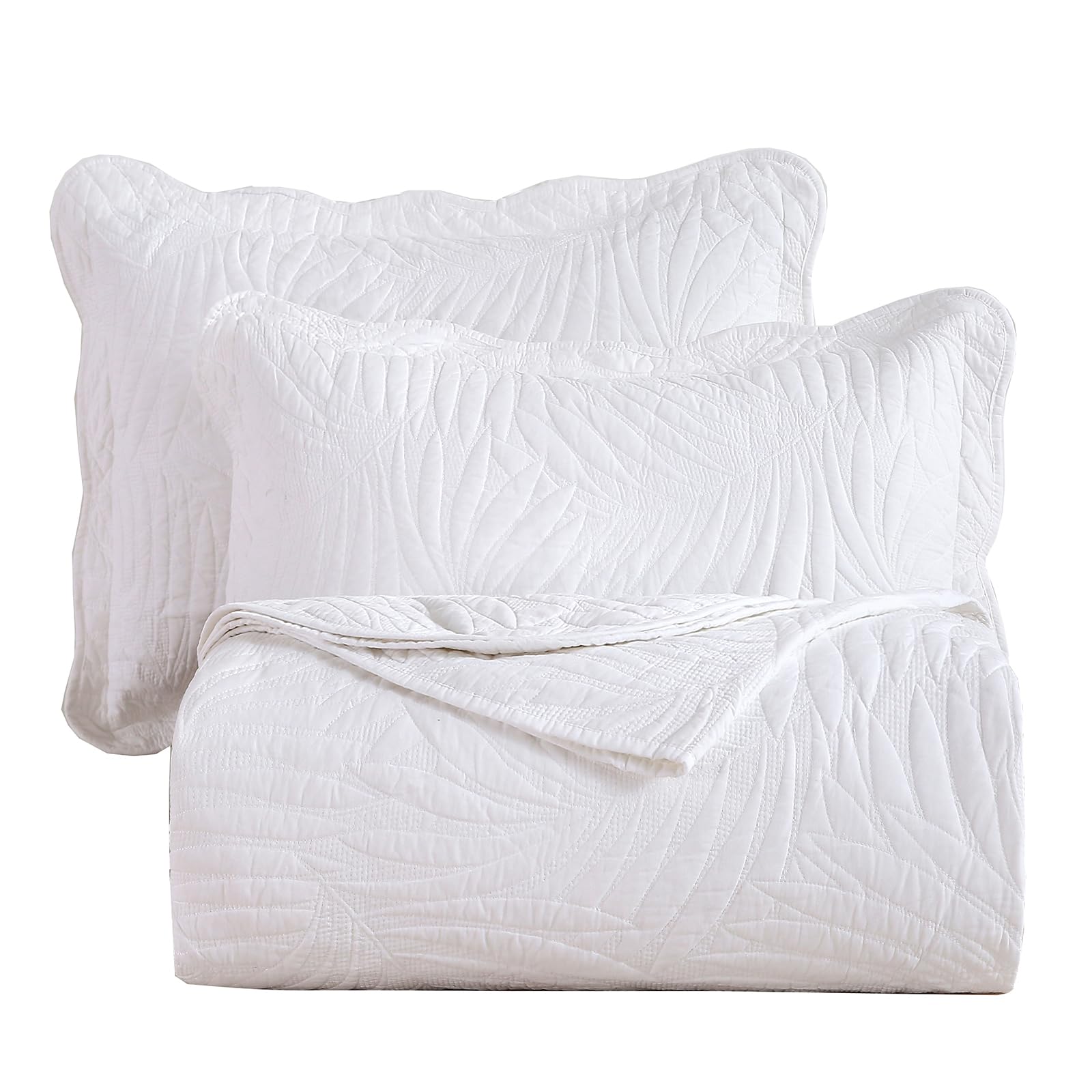 VCTOPS Boho Leaf Embroidered 100% Cotton 3-Piece Quilt Set - Twin Size White Patchwork Bedspread with Shams | Bohemian Style Bed Cover for Guest Room, Dorm & Cozy Home Decor