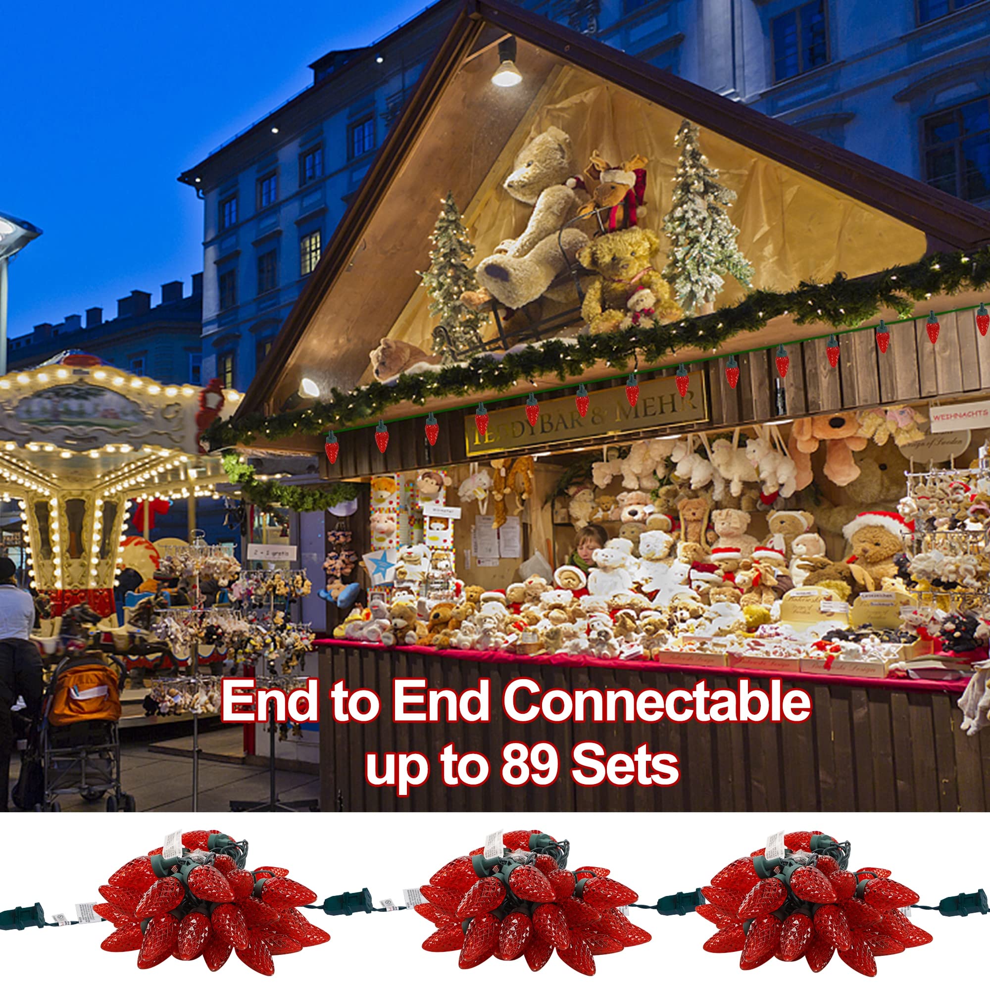 C9 Valentines String Lights - 50 LED 24.5 FT Connectable Faceted Christmas Lights, UL Certified 120V Commercial Grade Indoor/Outdoor Strawberry Lights for Patio, Holiday Parties & Home Decor (Red) - Perfect for Valentine's Day, Christmas Decorations, Wedding Events and Backyard Lighting
