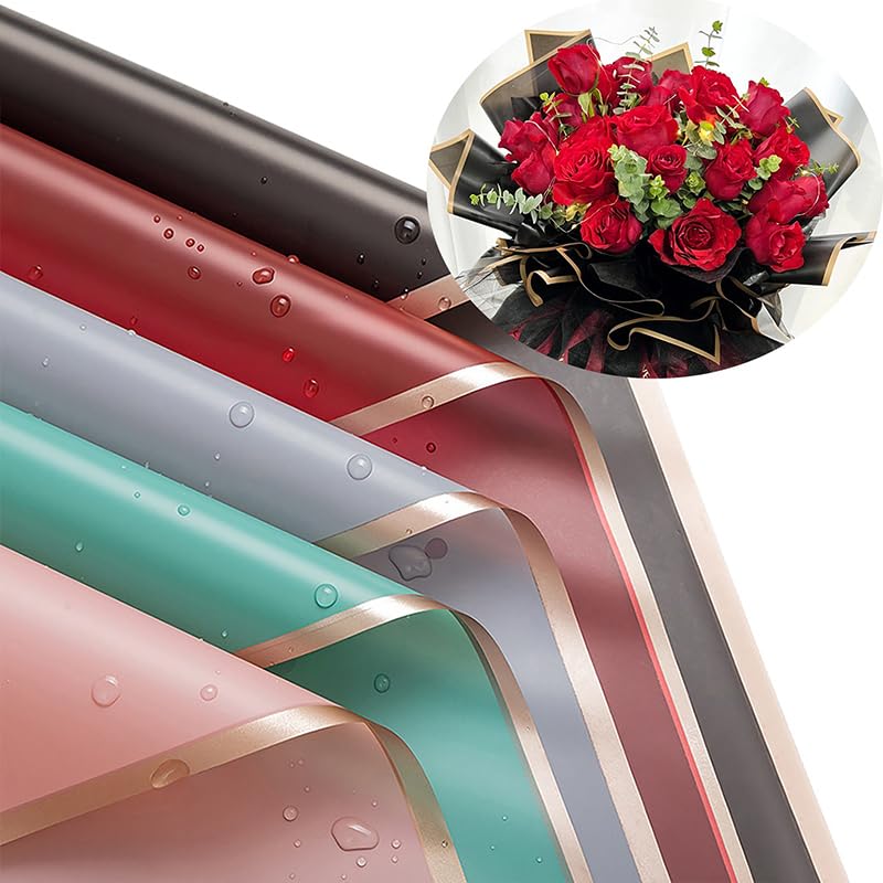 Premium Waterproof Golden Border Gift Wrapping Paper - 10 Sheets Pack | Korean Style Bouquet Wrapping for Birthdays, Weddings & Special Occasions | Arts & Crafts, DIY Gift Presentation | Random Color Mix