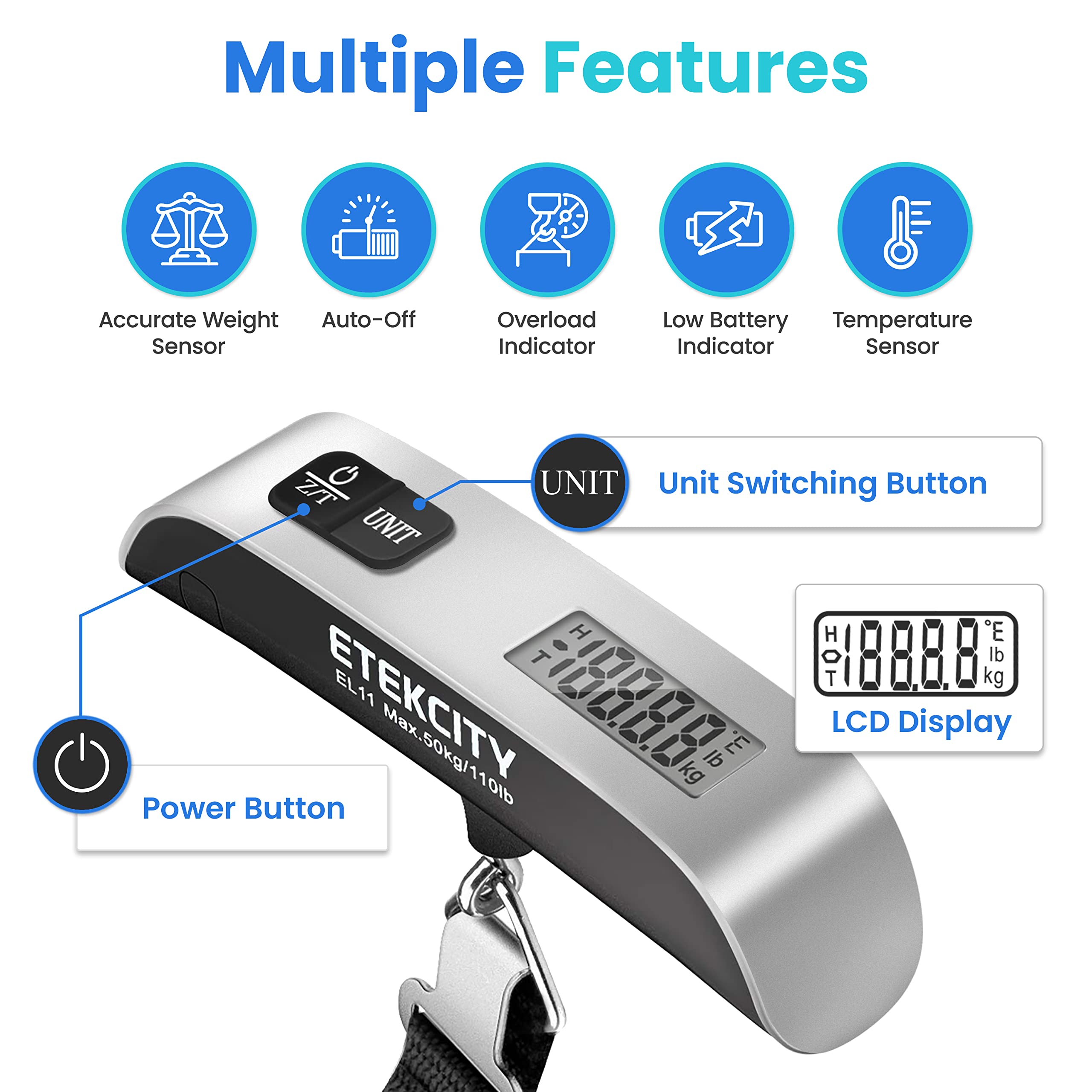 Etekcity Digital Body Weight Scale & Luggage Scale with Temperature Sensor - Portable Handheld Bathroom Weighing Machine for Travel Accessories - Perfect for Home, Gym, and Travel Use