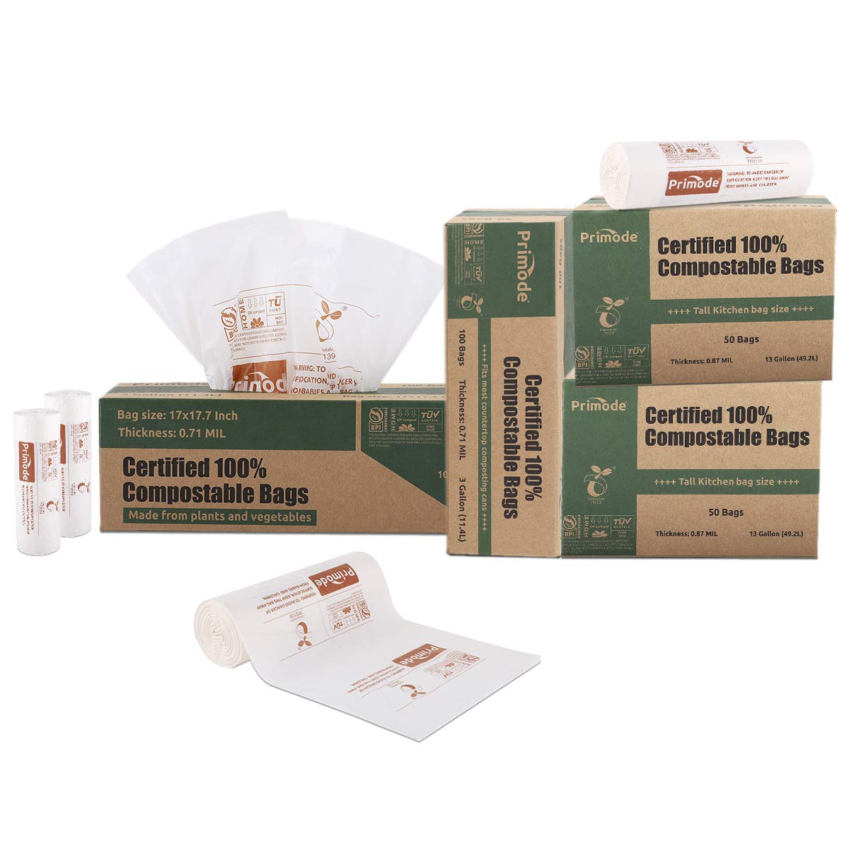Primode 13 Gallon Compostable Trash Bags - 50 Count, Extra Thick 0.87 Mil Kitchen Waste Bags for Food Scraps & Yard Waste | ASTM D6400 Certified, BPI & TÜV Austria Approved | Ideal for Eco-Friendly Kitchen, Garden & Compost Bin Use