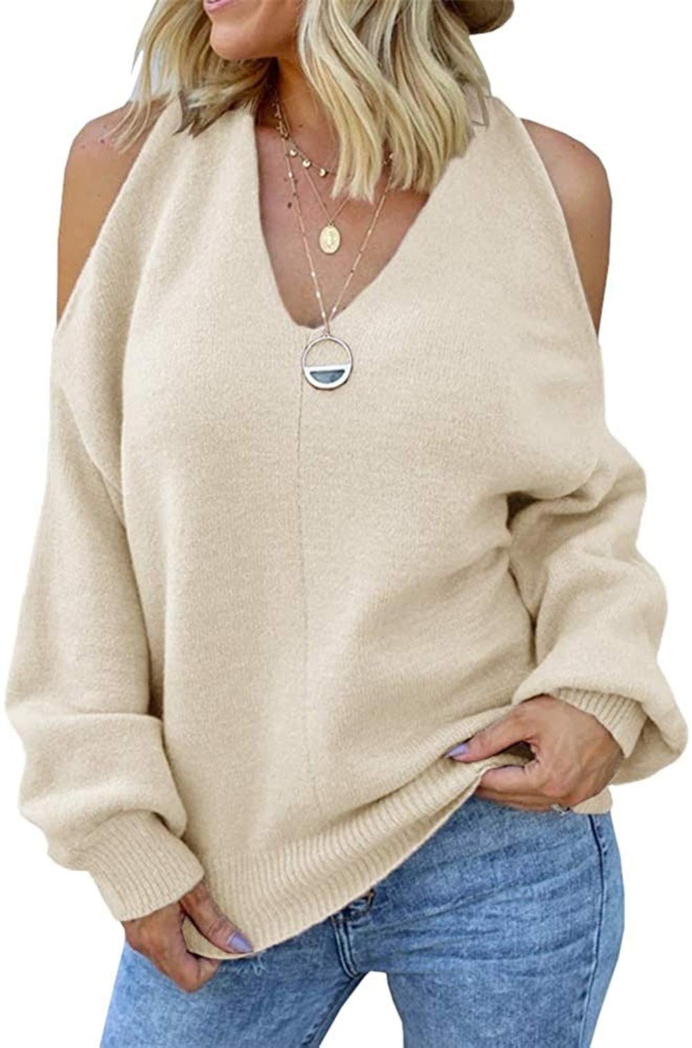 Sexy Women's Cold Shoulder Sweater - V Neck Batwing Long Sleeve Oversized Knit Pullover Top for Casual Outings & Date Nights