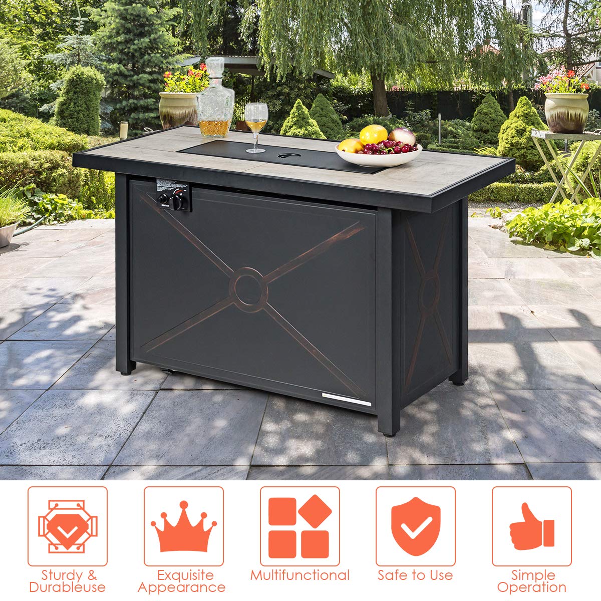 42 Inch Giantex Rectangular Propane Fire Pit Table with Ceramic Tabletop - 60,000 BTU Outdoor Gas Heater with Electronic Ignition, Lava Rocks, Waterproof Cover & Table Cover - Perfect for Patio, Backyard, Deck & Outdoor Gatherings