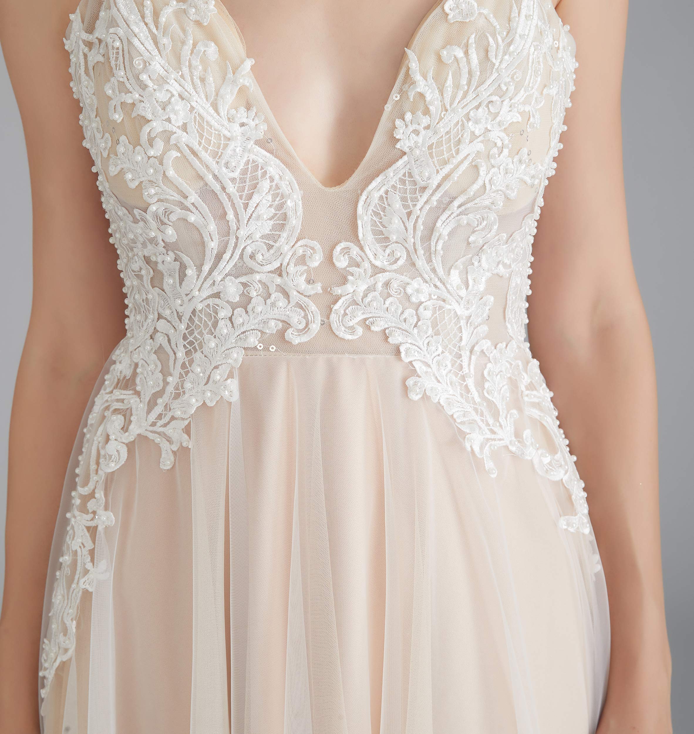 Elegant Women's V-Neck Empire Waist Wedding Dress with Pearl Appliques - Perfect for Beach Weddings, Bridal Showers & Summer Formal Events