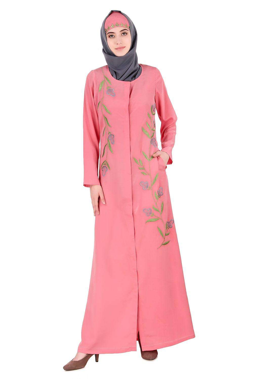 Elegant Dusty Pink Front Open Embellished Abaya Dress for Women - Perfect for Ramadan, Eid, Wedding & Special Occasions