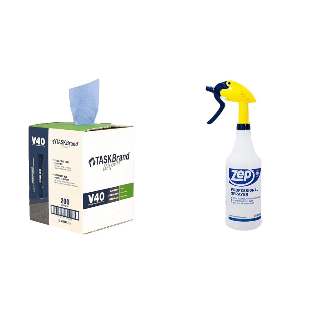 Blue V40 Value Disposable Cleaning Towels - 200 Count Roll with Zep Professional 32oz Spray Bottle - Perfect for Home, Office & Commercial Cleaning