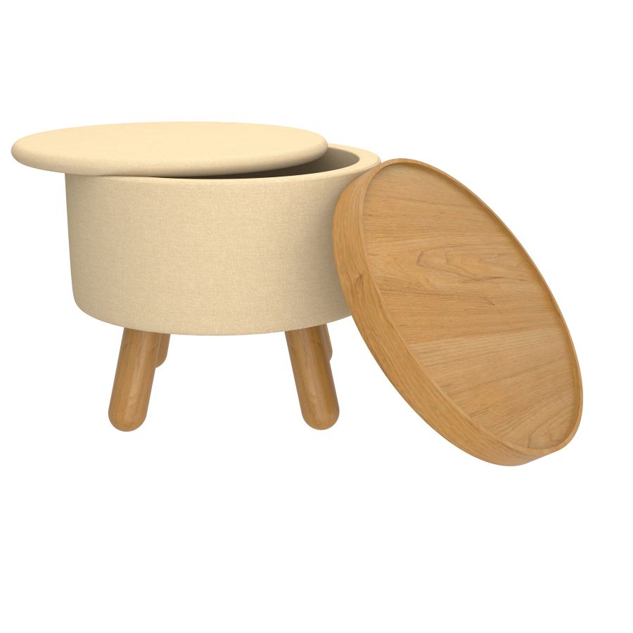 Round Storage Ottoman with Tray - Beige & Natural Fabric Upholstered Footrest Stool for Living Room, Bedroom, Nursery | Multi-Functional Coffee Table, Extra Seating & Hidden Storage Organizer