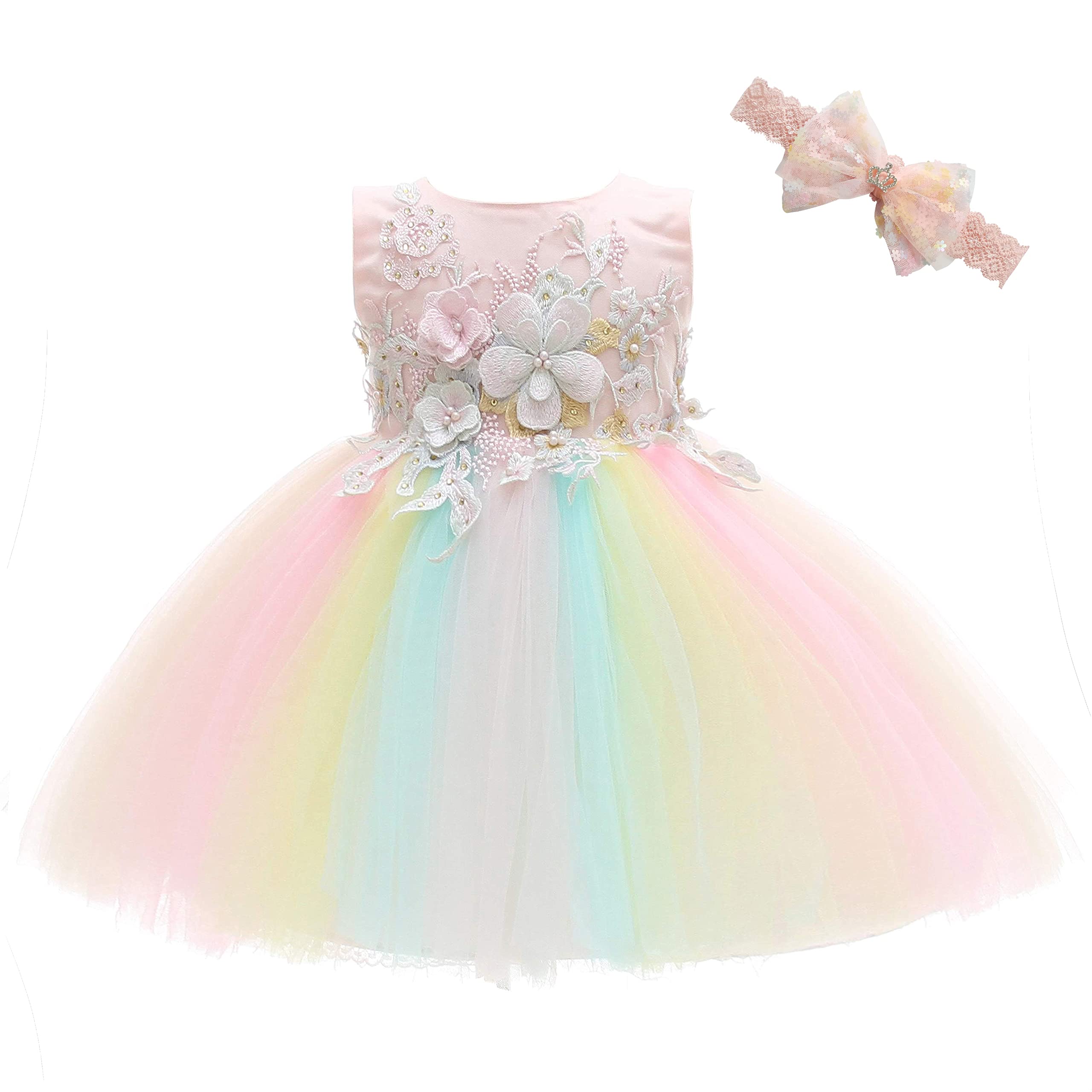 Weileenice Baby Girls Wedding Dress - Rainbow Tulle 3D Embroidery Beading Princess Tutu Dress for Flower Girls, Christening, Birthday Party & Special Occasions