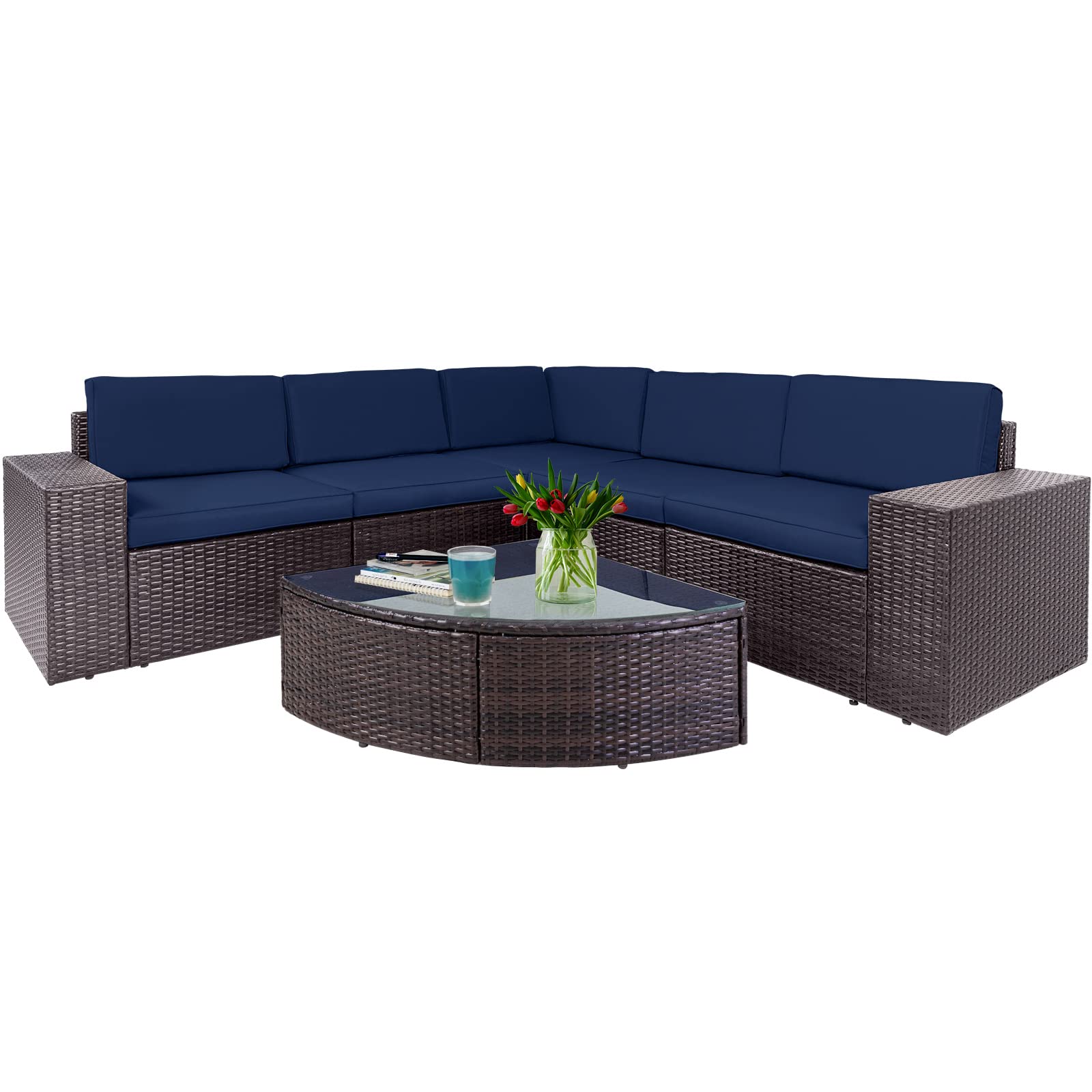 SOLAURA 6-Piece Brown Wicker Outdoor Patio Furniture Set - Modular Sectional Sofa with Glass Coffee Table (Navy Blue) - Perfect for Backyard, Garden & Poolside Relaxation