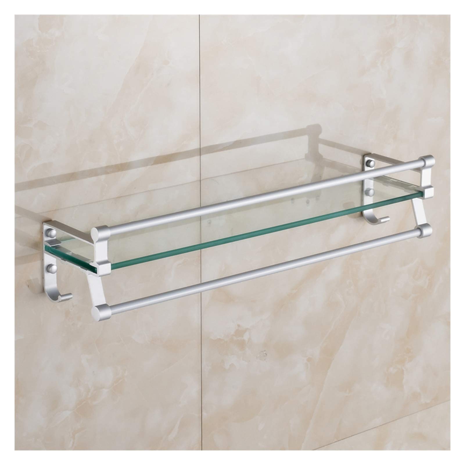 XXIOJUN Copper Tempered Glass Bathroom Shelves - Wall-Mounted with Punch Hole Installation, Front Guardrail & Bottom Hook Design, Includes Towel Bar for Shower - Silver (40cm) - Perfect for Small Bathrooms, Spa-Like Showers & Modern Home Decor