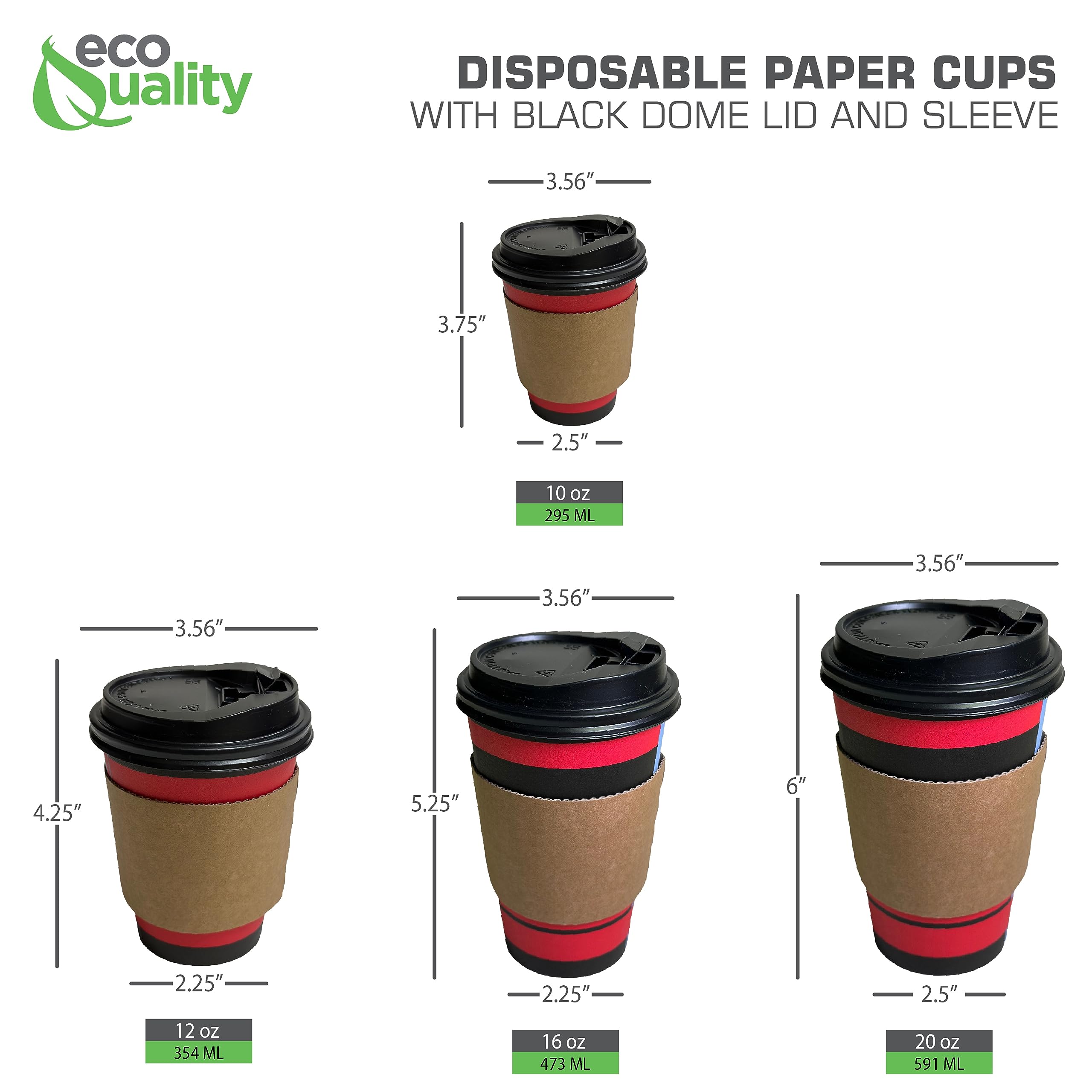 EcoQuality 20oz Disposable Coffee Cups Combo Set - 1000 Pack with Black Dome Lids, Sleeves & Stirrers | Hot/Cold Beverage Travel Mugs for Coffee, Tea, Chocolate & Latte | Perfect for Office, Parties, Cafes & On-the-Go Use