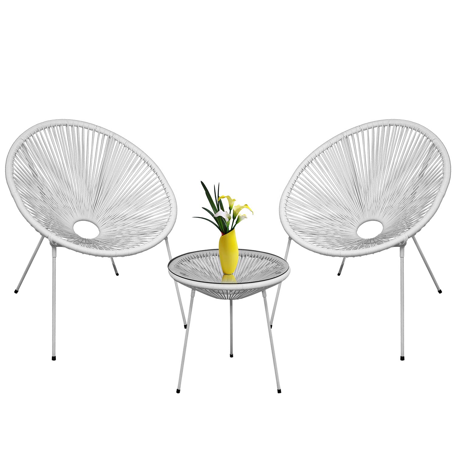 3-Piece Acapulco Chair Set - All-Weather Wicker Patio Furniture with 2 Plastic Rope Chairs & Glass Top Table - Modern Outdoor Seating for Garden, Poolside, Balcony & Backyard (White) - Perfect for Relaxing, Entertaining & Sunbathing