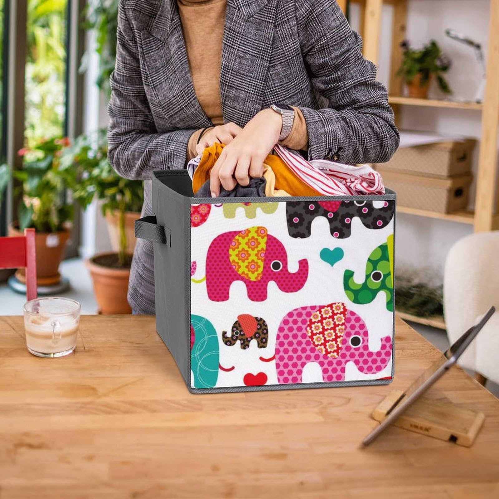 Colorful Elephant Print Foldable Storage Bins 6-Pack - 10.6x10.6x10.6 Inch Collapsible Cube Organizers with Handles for Closet, Shelves, Kids Room & Toy Storage