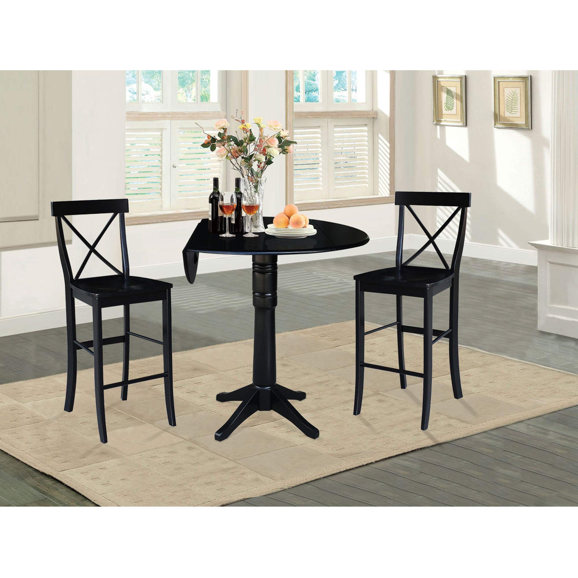 IC International Concepts 42-Inch Round Dual Drop Leaf Pedestal Dining Table - Adjustable Height 42.3 Inches - Space Saving Design for Small Dining Rooms - Easy to Assemble - Black Finish - Perfect for Apartments, Breakfast Nooks & Cozy Dining Spaces