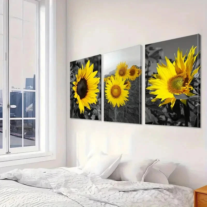 3-Piece Modern Sunflower Botanical Wall Art Set - Framed Canvas Prints 50x70cm - High Quality Australian Made Home Decor - Perfect for Living Room, Bedroom & Office Decorations