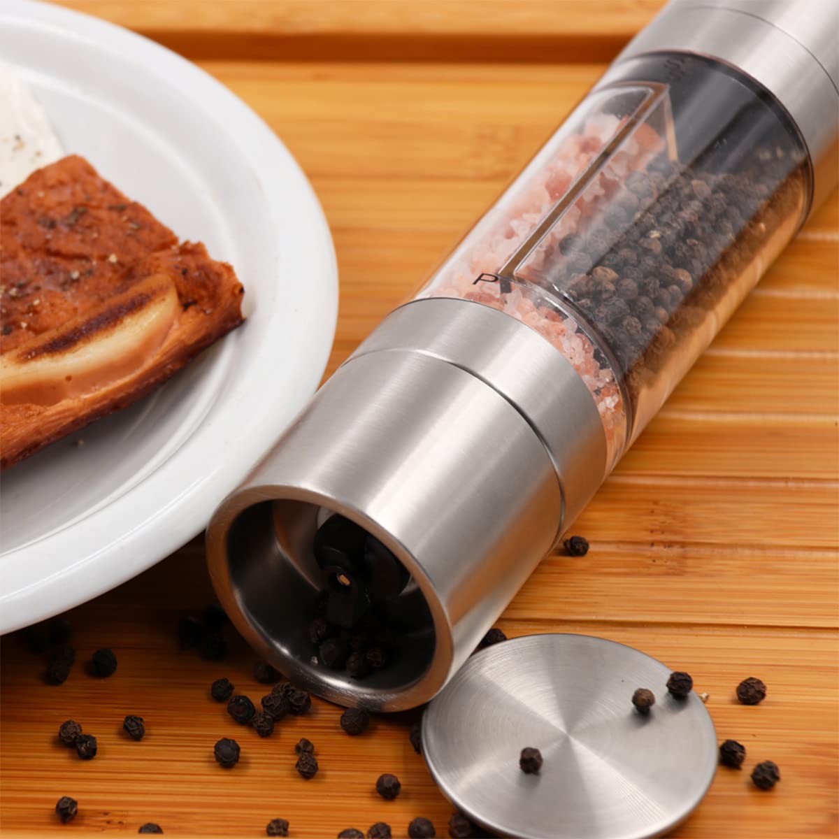 2 in 1 Adjustable Ceramic Salt and Pepper Grinder Set - Stainless Steel Spice Mill for Kitchen, Dining Table & Outdoor BBQ - Perfect for Cooking, Camping & Home Use